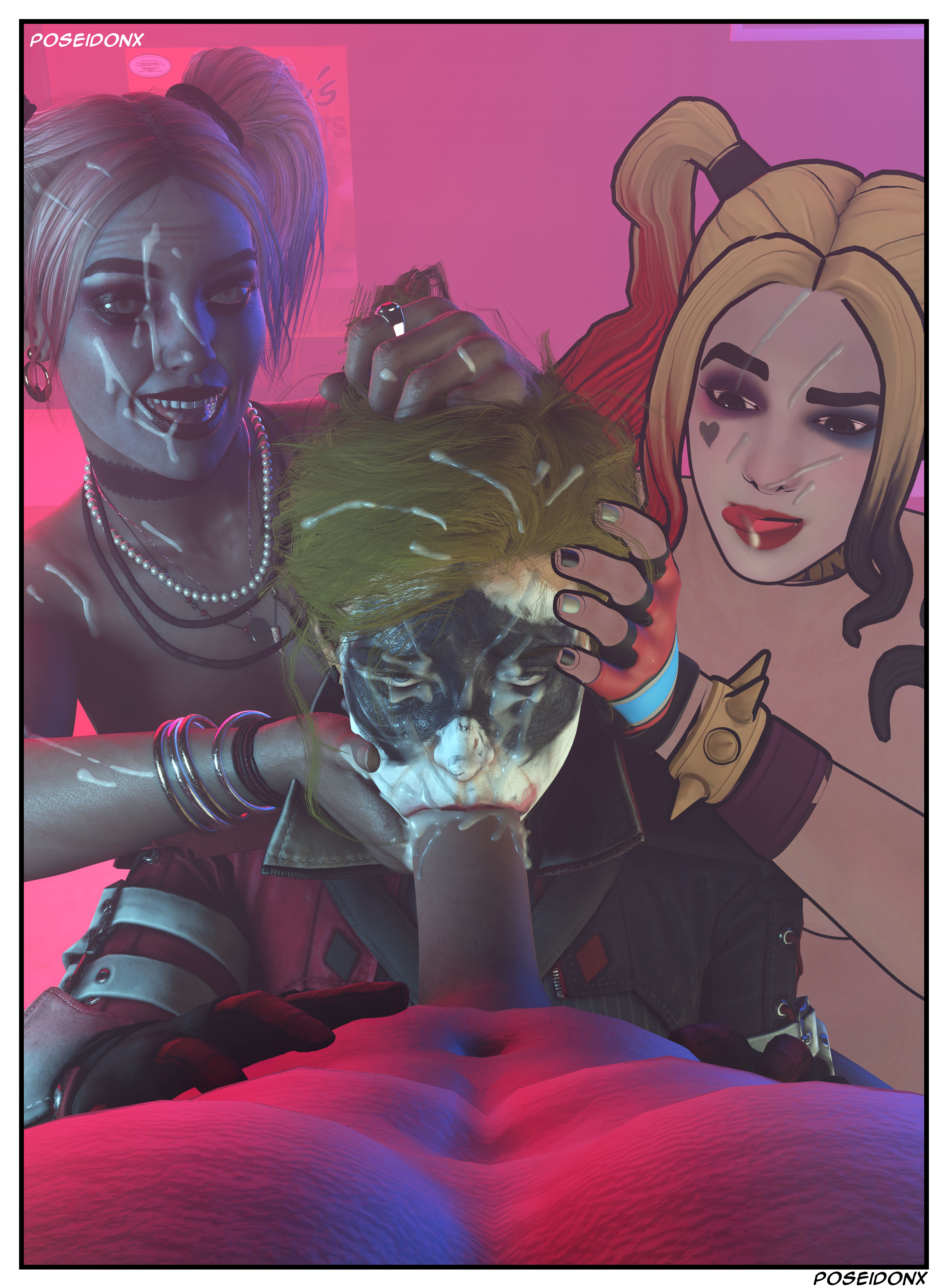1boy, 3d, 3girls, armwear, assisted fellatio, batman (series), big penis, black border, black clothing, black hair, black nails, blonde hair, blowjob, blue eyes, bodily fluids, border, bracelet, clothed, clothed female, clothed female nude male, clown girl, clown makeup, collaborative fellatio, collar, completely nude, cum, cum in mouth, cum inside, cum on face, cum on penis, dc, dc comics, earrings, erect penis, erection, eyes, faceless male, facepaint, fellatio, female, fingerless gloves, forced, forced oral, fortnite, fortnite: battle royale, foursome, fully clothed, genitals, gloves, gotham knights, hair, happy, harley quinn, harley quinn (fortnite), harley quinn (gotham knights), harley quinn (injustice), head grab, holding, holding head, injustice 2, jacket, jewelry, licking lips, lipstick, makeup, male, male pov, mostly nude, multiple females, multiple girls, nail polish, naked, navel, necklace, neckwear, nude, nude female, nude male, nudity, open eyes, open mouth, oral, oral sex, partially clothed, penis, piercing, poseidonx, rape, rear view, red clothing, red hair, red lipstick, ring, ruined makeup, runny makeup, selfcest, signature, smile, spiked bracelet, spikes, square crossover, straight, teeth, three-tone hair, tied hair, tongue, tongue out, twintails
