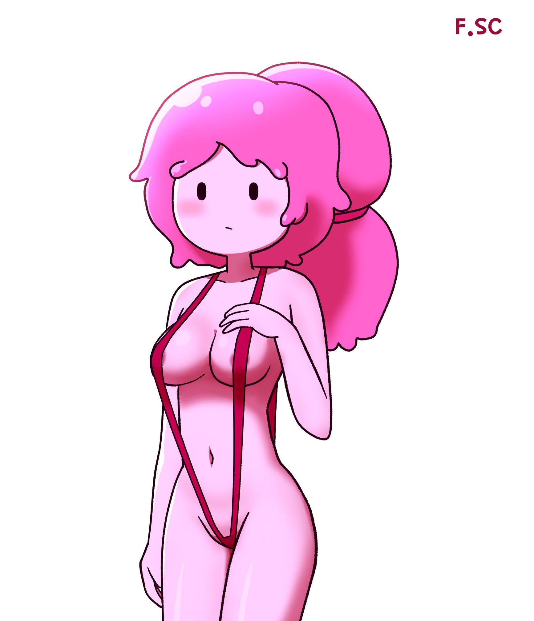 2022, adventure time, black eyes, blush, breasts, cartoon network, cleavage, female, female only, fizzyspidercider, nipples, pink hair, pink skin, pose, princess bubblegum, sling bikini, swimsuit, thighs, white background