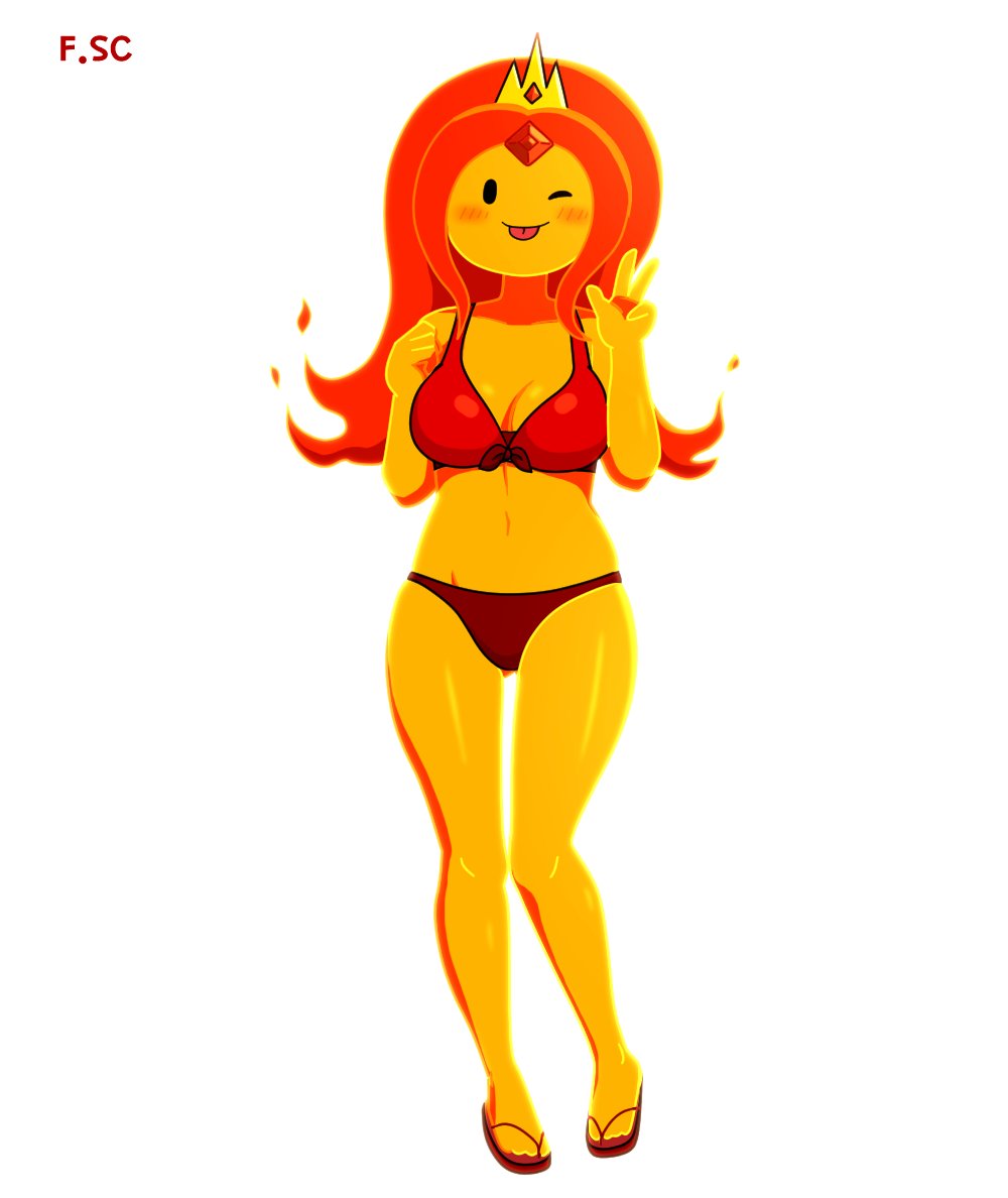 adventure_time crown fizzyspidercider flame_princess red_hair underwear v_sign yellow_body