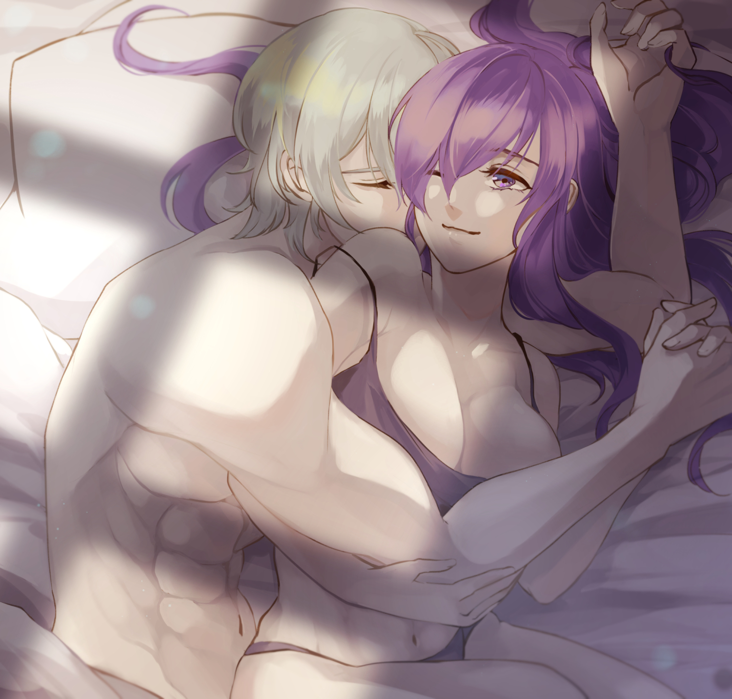 1boy, 1girls, abs, alternate costume, alternate hairstyle, bra, breasts, byleth (fire emblem), byleth (fire emblem) (male), closed eyes, closed mouth, clothed female, collarbone, commentary, commission, cuddling, english commentary, enlightened byleth (male), female, fire emblem, fire emblem warriors: three hopes, fire emblem: three houses, green hair, grey bra, grey pants, highres, holding hands, in bed, large breasts, long hair, looking at another, lying, male, male/female, muscular, muscular female, muscular male, navel, nintendo, on bed, one eye closed, panties, pants, purple eyes, purple hair, sex, shez (fire emblem), shez (fire emblem) (female), short hair, smile, spooning, stomach, straight, toned, toned belly, topless male, tsang fei, underwear, very long hair, wholesome