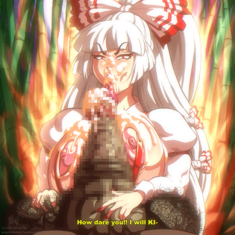 1boy, 1girls, angelauxes, angry face, balls, big penis, breasts, censored, cum, cum on breasts, cum on face, ejaculation, english, english text, female, fire, fujiwara no mokou, hairy balls, huge breasts, human, licking, licking penis, long hair, male, penis, red eyes, tongue, tongue out, touhou, white hair