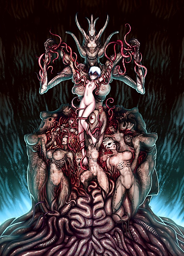 akiragoya female female_only guro horns horror hr_giger huge_breasts intestines large_breasts medium_breasts monster official_art tentacle yakouga