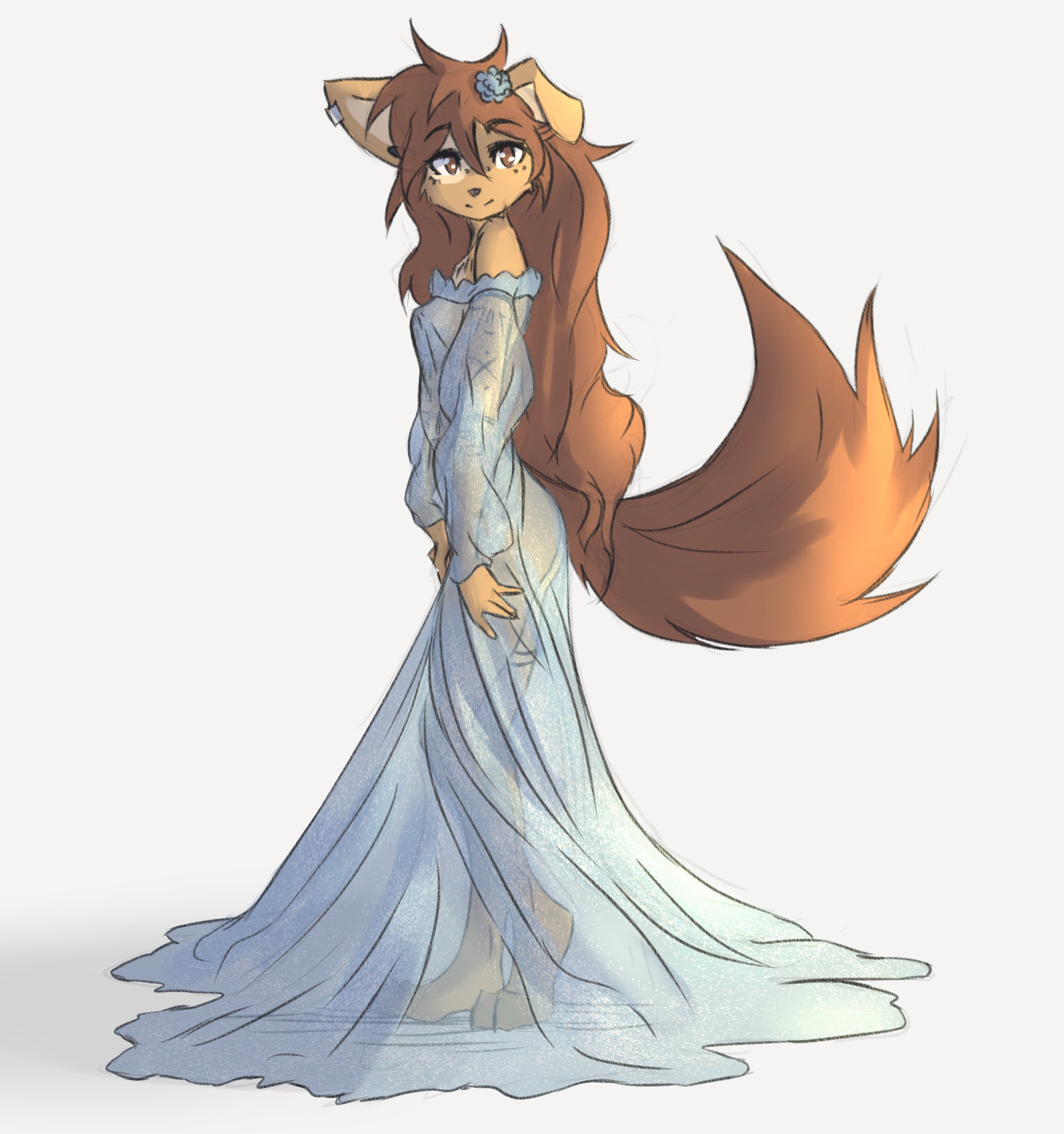 absurd res, accessory, anthro, apogee (tinygaypirate), arm tuft, ass, bare shoulders, black nails, black nose, breasts, brown body, brown eyes, brown fur, brown hair, canid, canine, canis, cheek tuft, clothing, colored nails, cowlick, digitigrade, domestic dog, dress, ear piercing, eyebrow through hair, eyebrows, facial markings, facial piercing, facial tuft, female, floppy ears, fur, furgonomics, furry, furry-specific piercing, gauged ear, grey background, hair, hair accessory, hand on leg, head markings, hi res, long hair, looking at viewer, mammal, markings, messy hair, mostly nude, mottled, mottled nose, muzzle piercing, nails, nipple outline, nipples, nose piercing, piercing, pink nose, simple background, slim, small breasts, smile, solo, spitz, standing, tinygaypirate, translucent, translucent clothing, translucent dress, translucent hair, tuft
