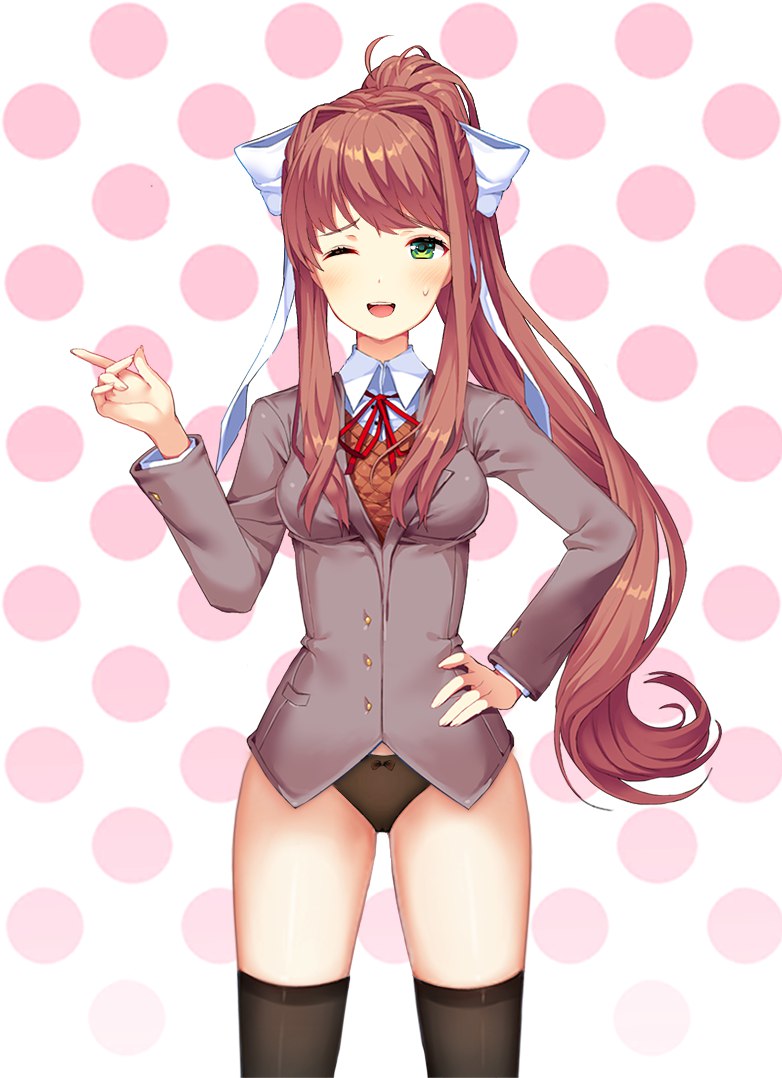 accurate art style, black panties, clothing, doki doki literature club, female, green eyes, monika (doki doki literature club), panties, pink background, polka dot background, sprite edit, underwear, unknown artist, white background