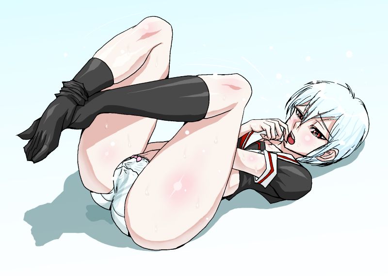 akiragoya ass black_legwear bow_panties female female_masturbation masturbation open_mouth red_eyes school_uniform short_hair solo toes white_hair white_panties yakouga