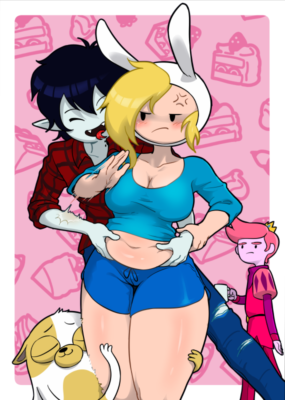 1girls 2021 2boys adventure_time blush bottomwear cake_the_cat cartoon_network centinel303 chubby chubby_female crown cup dolphin_shorts embarrassed female fionna_the_human_girl fully_clothed grabbing_belly grumpy headwear hugging_legs human male marshall_lee mob_face pale_skin prince_gumball ripped_jeans running_shorts shirt shorts slap sportswear thick_thighs voluptuous