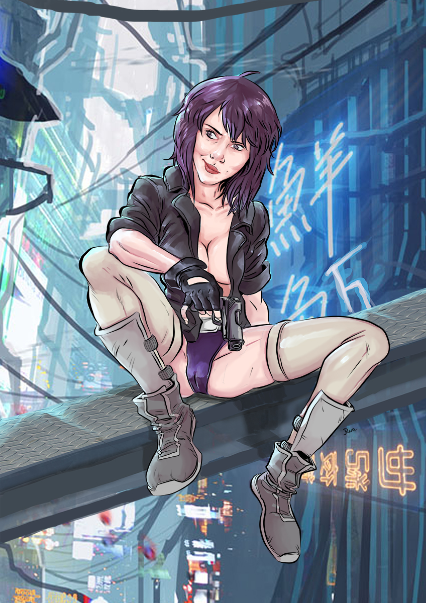 1girls busty cameltoe cleavage cyberpunk cyborg female female_focus female_only ghost_in_the_shell ghost_in_the_shell_(2017) hourglass_figure kusanagi_motoko purple_hair renx scarlett_johansson solo tagme wide_hips