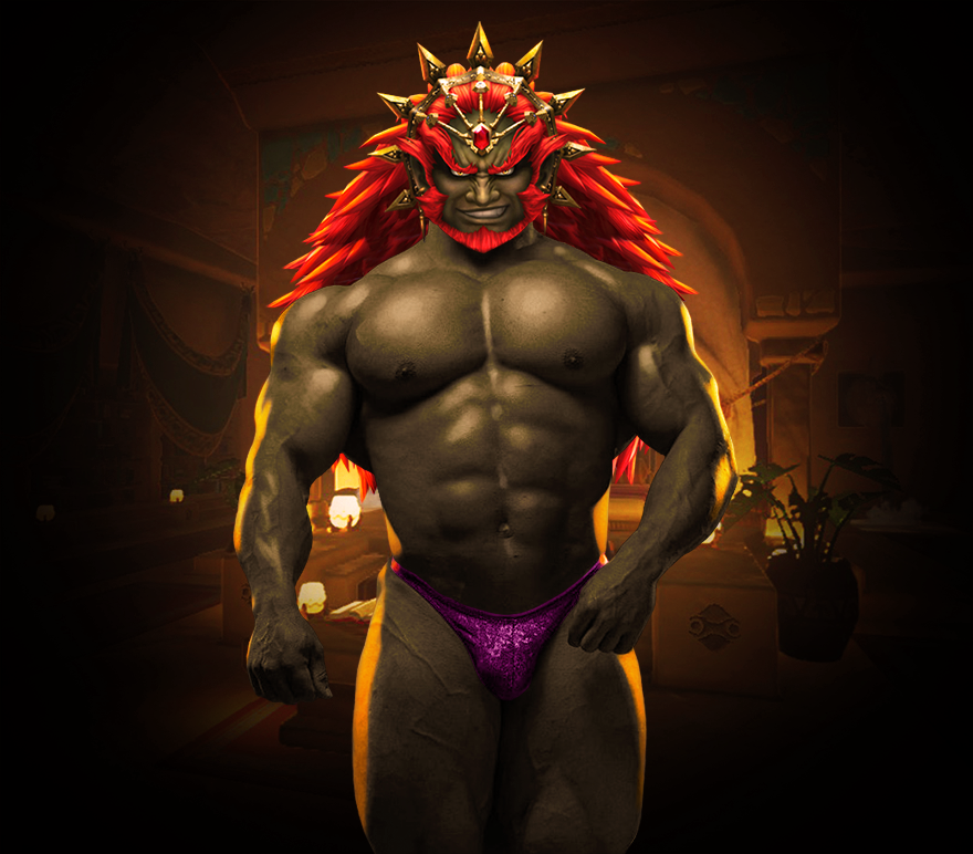 abs biceps bulge flaccid ganondorf ganondorf_(hyrule_warriors) green_skin hyrule_warriors inviting_to_sex male_only muscular_male nintendo pecs photoshop purple_thong red_hair solo solo_male the_legend_of_zelda thedarkdjin