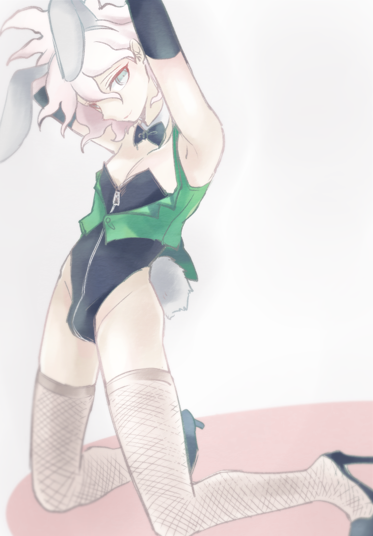 1boy arms_up bulge bunny_boy bunny_ears bunny_tail bunnysuit crossdressing danganronpa danganronpa_2:_goodbye_despair detached_collar femboy fishnets grey_eyes heels karairo kneeling male male_only nagito_komaeda pale_skin pose short_hair smile solo straight_hair thighhighs wavy_hair white_background