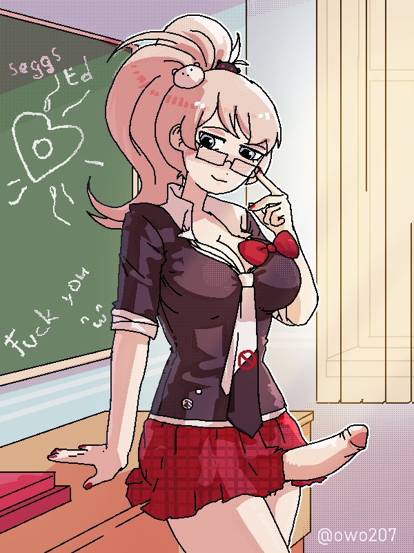 1futa balls big_breasts big_penis blonde_hair breasts casual_erection casual_exposure classroom clothed clothing danganronpa danganronpa:_trigger_happy_havoc danganronpa_1 erection erection_under_skirt exposed_penis futa_only futanari glasses human junko_enoshima light-skinned_futanari light_skin long_hair mostly_clothed necktie nikkei_(artist) penis public public_erection public_exposure red_skirt school_uniform skirt smooth_skin solo standing