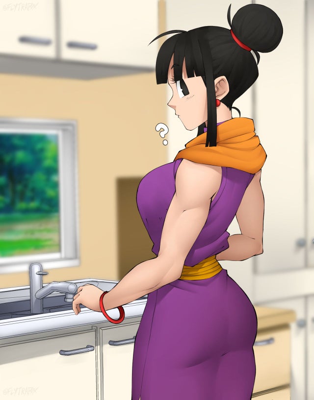 1girls, ass in dress, big breasts, breasts, chichi, china dress, curvy, dragon ball, dragon ball z, female, female only, flytrapxx, fully clothed, kitchen, light skin, light-skinned female, milf, solo, surprised, tight clothing, tight dress