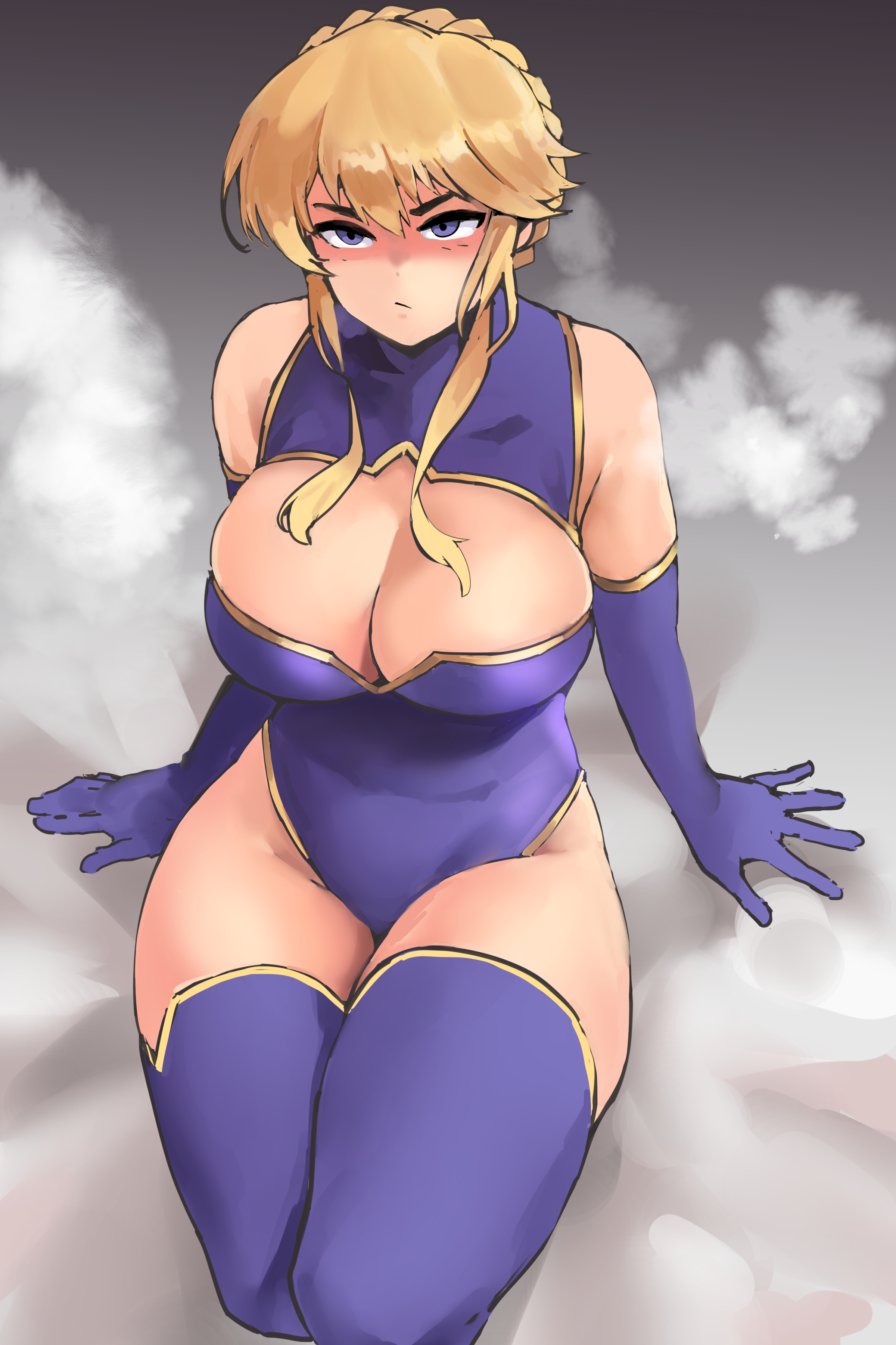 1girls, absurd res, artoria pendragon, artoria pendragon (lancer), blonde hair, blue eyes, breasts, cleavage, fate (series), female, female only, gloves, hi res, large breasts, leotard, sitting, solo, thighhighs, thighs, wide hips, yotahen