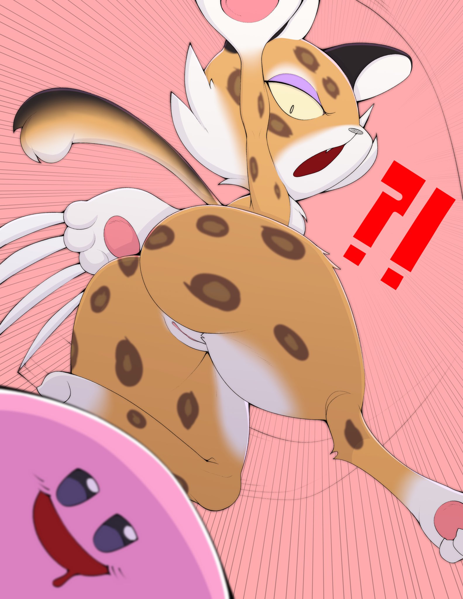 2022, ambiguous gender, anthro, clawroline, claws, duo, exclamation point, felid, female, female focus, fur, genitals, hi res, kirby, kirby (series), kirby and the forgotten land, leopard, long claws, looking down, low-angle view, mammal, nintendo, nude, open mouth, pantherine, pussy, question mark, solo focus, spots, surrealtone, tan body, tan fur, video games, worm's-eye view