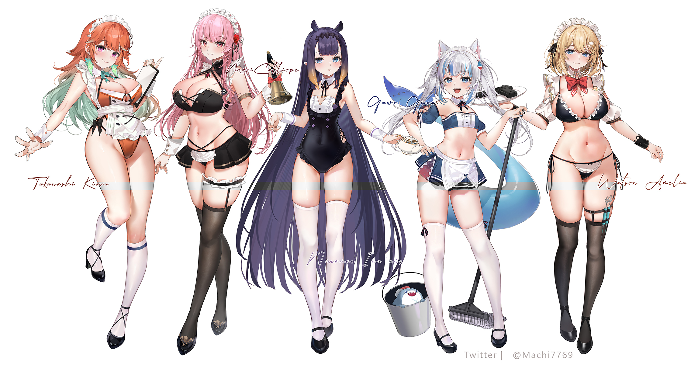 2d, 2d (artwork), 5girls, animal ears, beauty mark, belly, belly button, big breasts, blonde hair, bra, breasts, cleavage, female, female focus, female only, gawr gura, hi res, hololive, hololive english, hololive myth, large breasts, lingerie, long hair, long socks, machi7769, maid, maid apron, maid headdress, maid outfit, maid uniform, midriff, mori calliope, ninomae ina'nis, orange hair, panties, pink hair, purple hair, shark girl, shark tail, shoes, short hair, small breasts, socks, stockings, takanashi kiara, thick thighs, thigh strap, thighhighs, thighs, toned, toned female, underwear, very long hair, virtual youtuber, watson amelia, white background, white hair