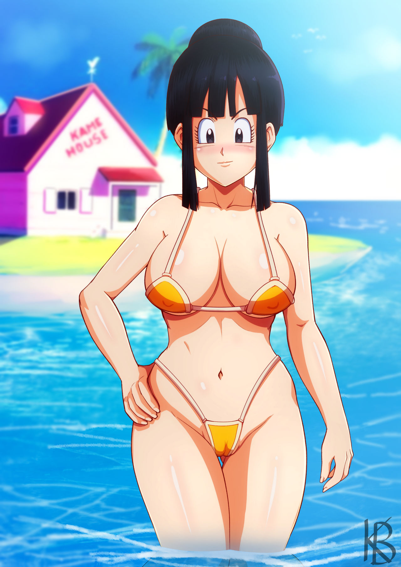 beach, big breasts, bikini, breasts, chichi, curvy, dragon ball, dragon ball z, female, light skin, light-skinned female, milf, wet