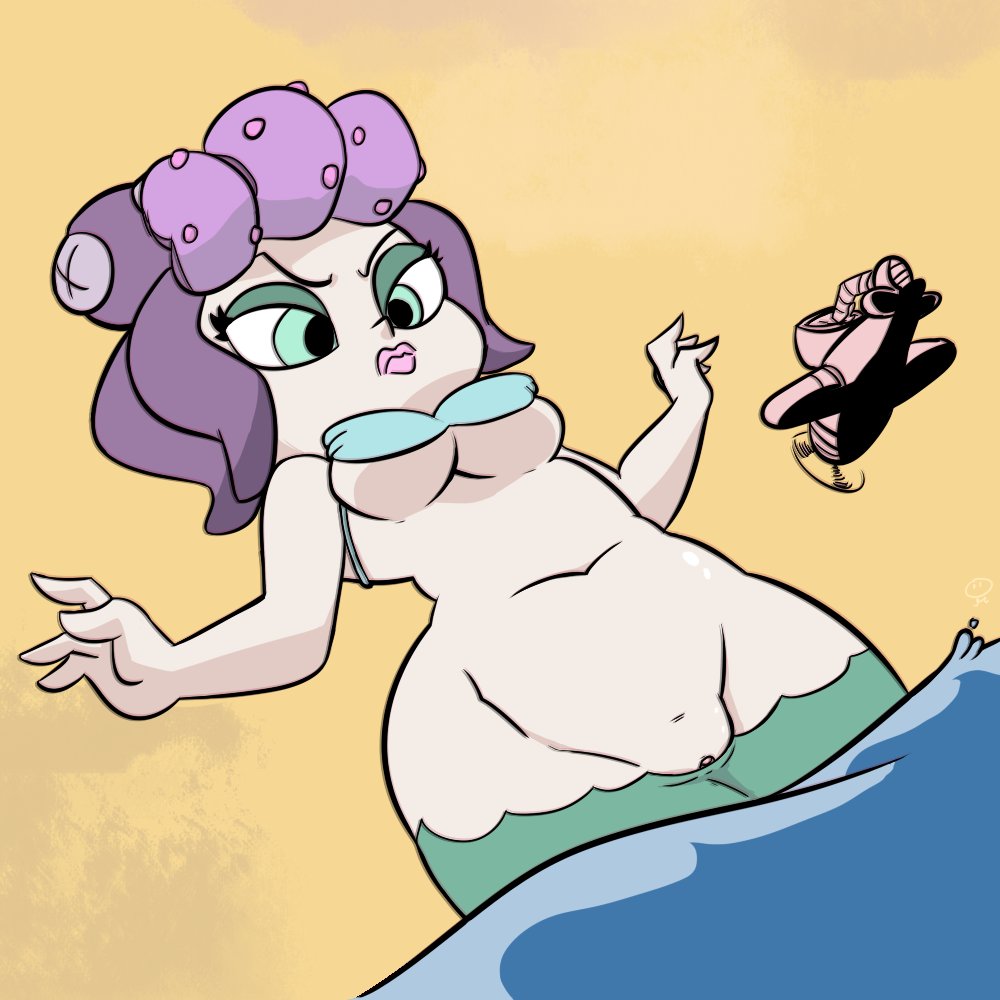 bra breasts cala_maria calicobggs cuphead_(game) curvy exposed female green_eyes light-skinned_female male mermaid plane purple_hair pussy_peek revealing_clothes shell_bra waist