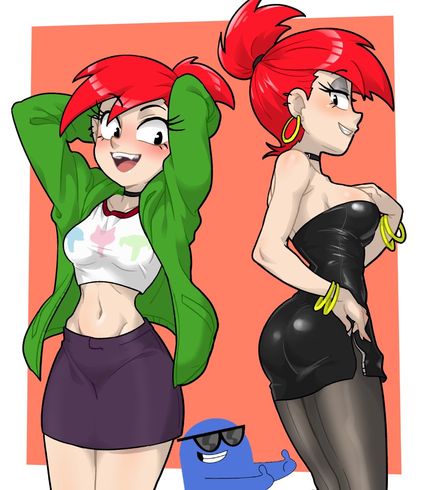 1boy, 1girls, 2019, ass in dress, belly, belly button, big breasts, bloo, bracelet, breasts, cartoon network, centinel303, dress, earrings, female, foster's home for imaginary friends, frankie foster, fully clothed, hands behind head, hands up, hips, jacket, male, minidress, necklace, open mouth, orange hair, pantyhose, ponytail, red hair, shirt, skirt, smiling, sunglasses
