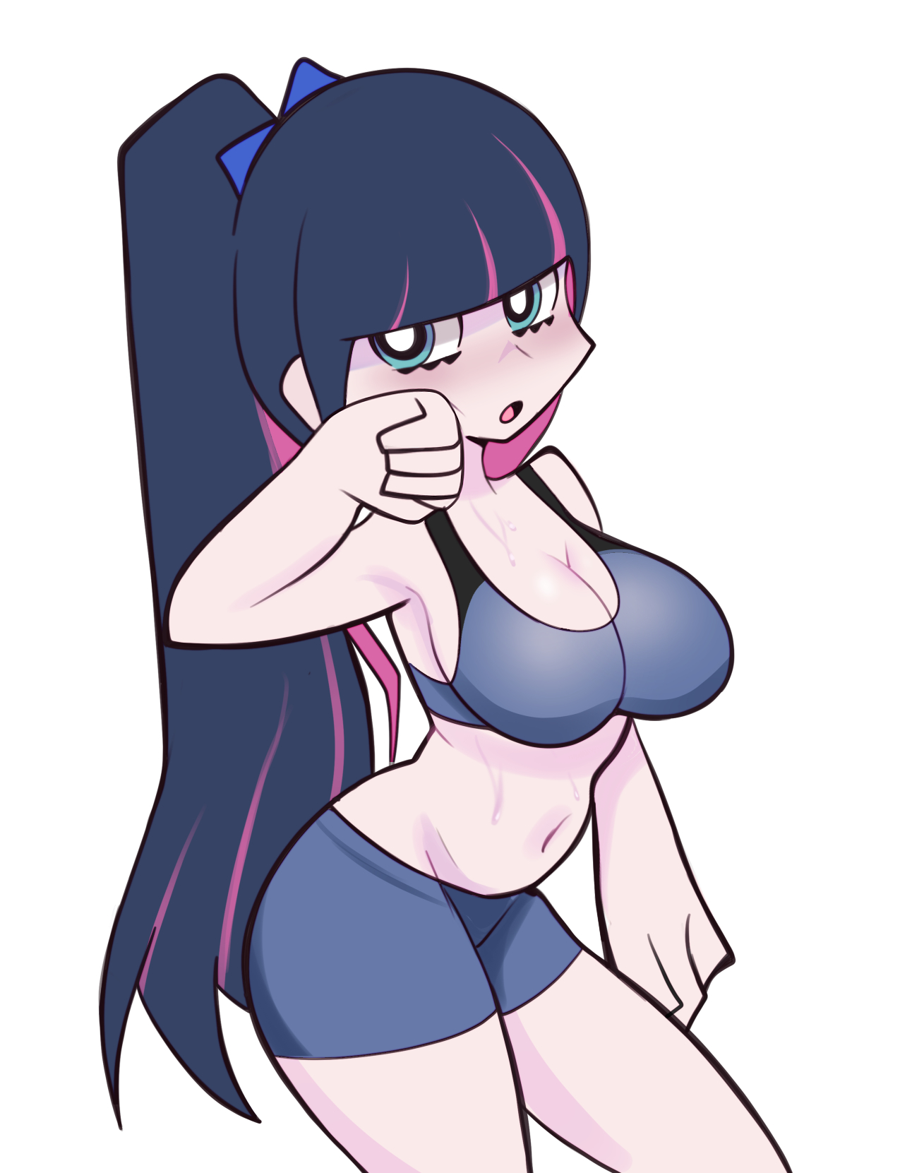 1girls, armpits, big breasts, bikini, blue eyes, breasts, eye contact, female, female focus, female only, goth, looking at viewer, panty & stocking with garterbelt, purple hair, sexy armpits, sling bikini, solo, sports bra, sportswear, standing, stocking anarchy, sweat, thick thighs, thighs, two-tone hair
