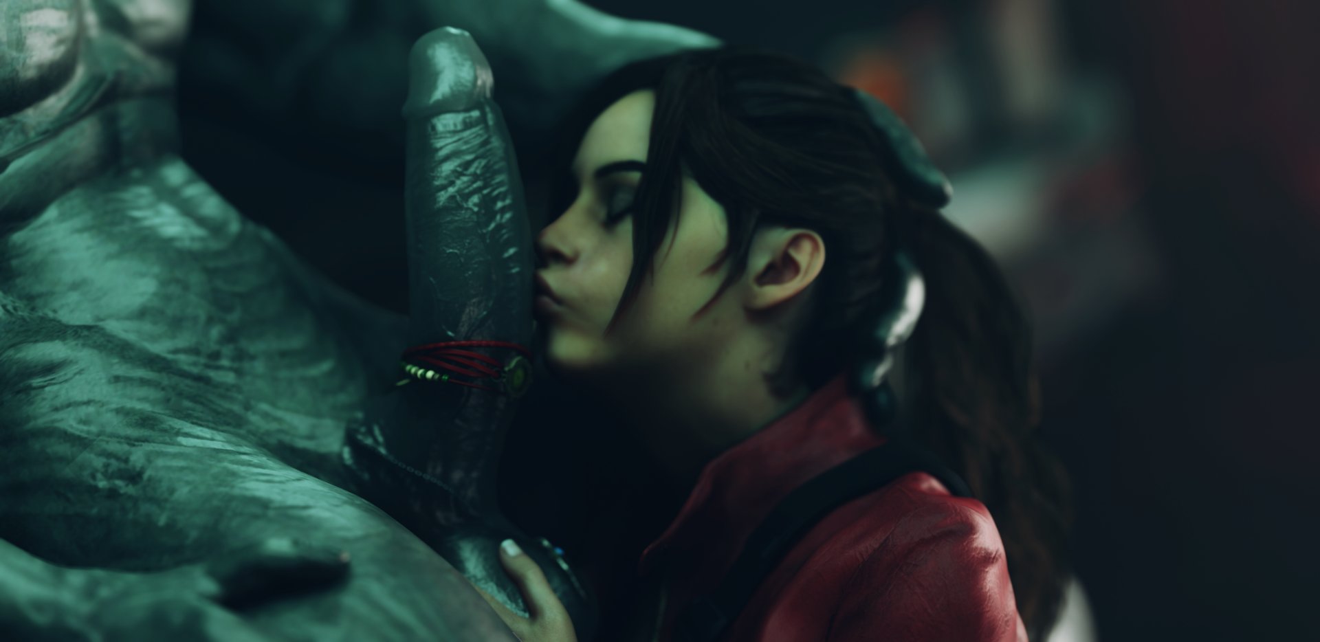 1boy, 1girls, 1monster, 3d, balls, big penis, brown hair, capcom, claire redfield, closed eyes, colored, couple, female, grabbing balls, hand on head, happy, happy trail, kissing, kissing penis, love, lovers, male, monster, mr x, penis, resident evil, resident evil 2, resident evil 2 remake, size difference, stephanie23, tagme, tyrant