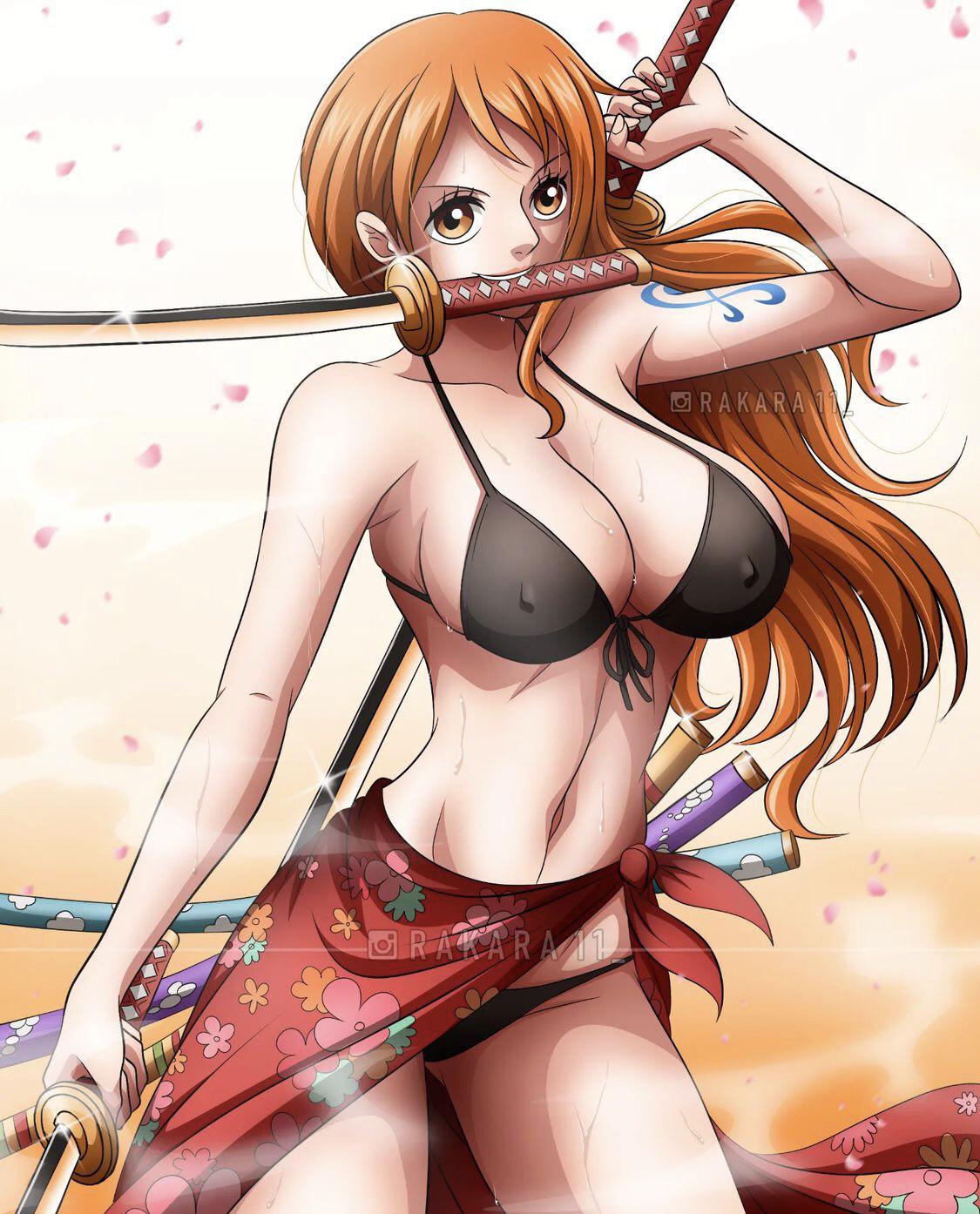 1girls bikini black_bikini brown_eyes busty cleavage curvy female female_only flower_pattern long_hair nami navel nipple_bulge one_piece orange_hair petals rakara11 sarong shoulder_tattoo skirt solo sword sword_in_mouth swords swordswoman tattoo thick_thighs