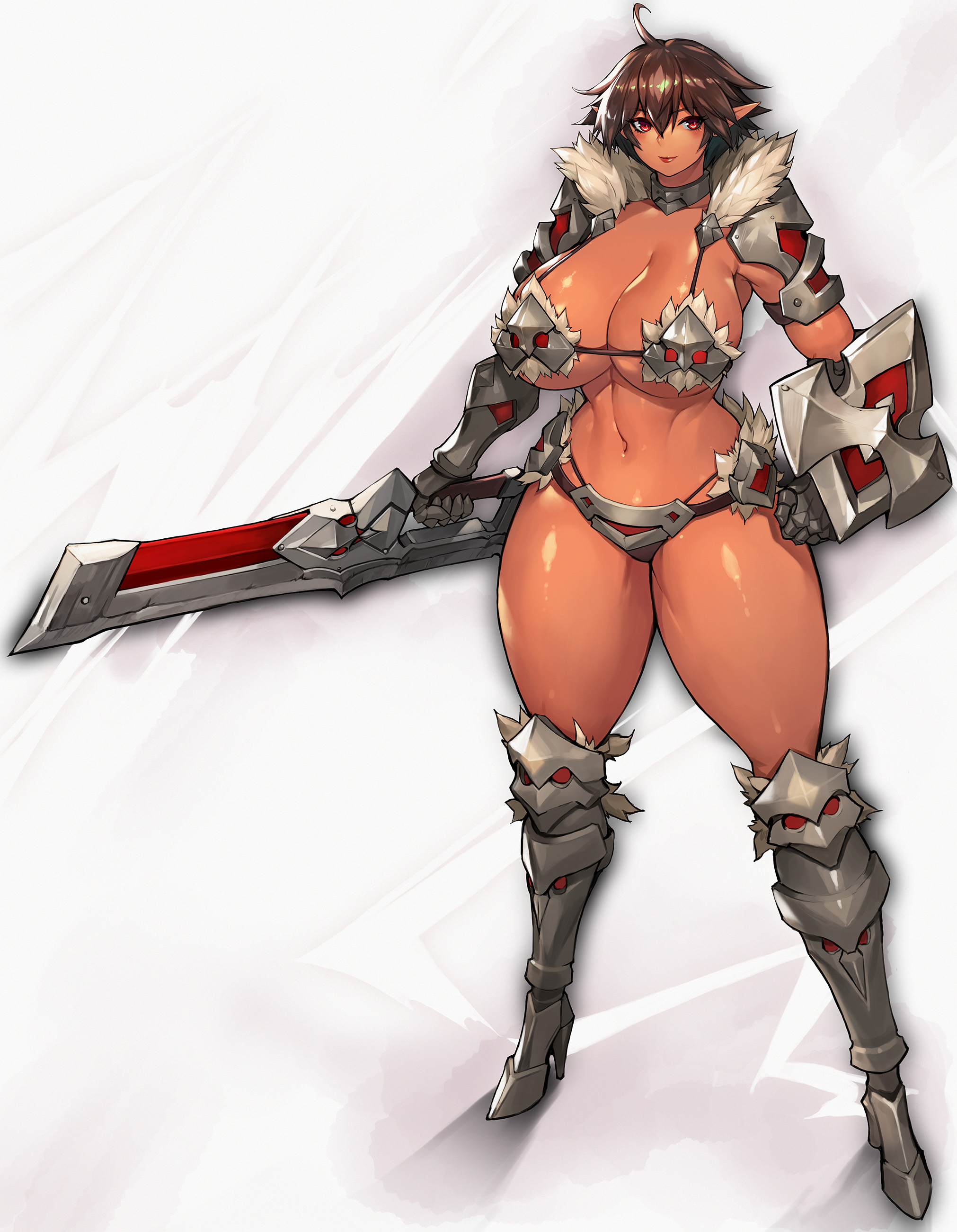 armor, armored boots, armored gloves, bare midriff, bare thighs, belly button, bikini armor, breasts, brown eyes, brown hair, brown skin, choker, cleavage, dark elf, dark skin, dark-skinned female, elf, elf ears, elf female, female, female focus, female only, fur trim, gauntlets, gurimjang, holding weapon, large breasts, lipstick, looking at viewer, midriff, navel, navel line, pointy ears, revealing clothes, shield, sideboob, skimpy, standing, sword, thick thighs, thighs, underboob, weapon, white background, wide hips