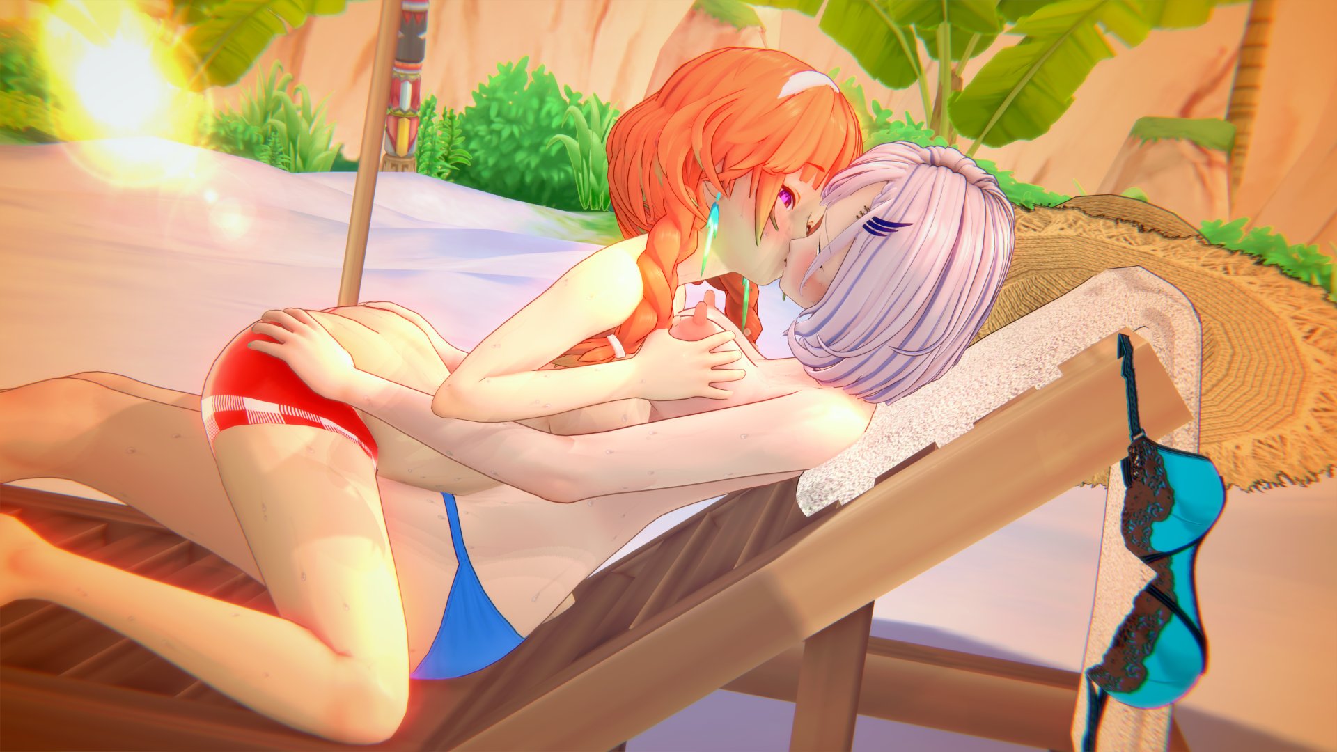 ass, ass cleavage, ass crack, beach, bikini, bikini top, braid, braided twintails, breasts, butt crack, colored tips, female, grabbing ass, grabbing breasts, green hair, green highlights, hololive, hololive english, hololive indonesia, hololive indonesia holoro, hololive myth, koi s3, pavolia reine, takanashi kiara, takanashi kiara (2nd costume), topless, twintails, two-tone hair, virtual youtuber, yuri
