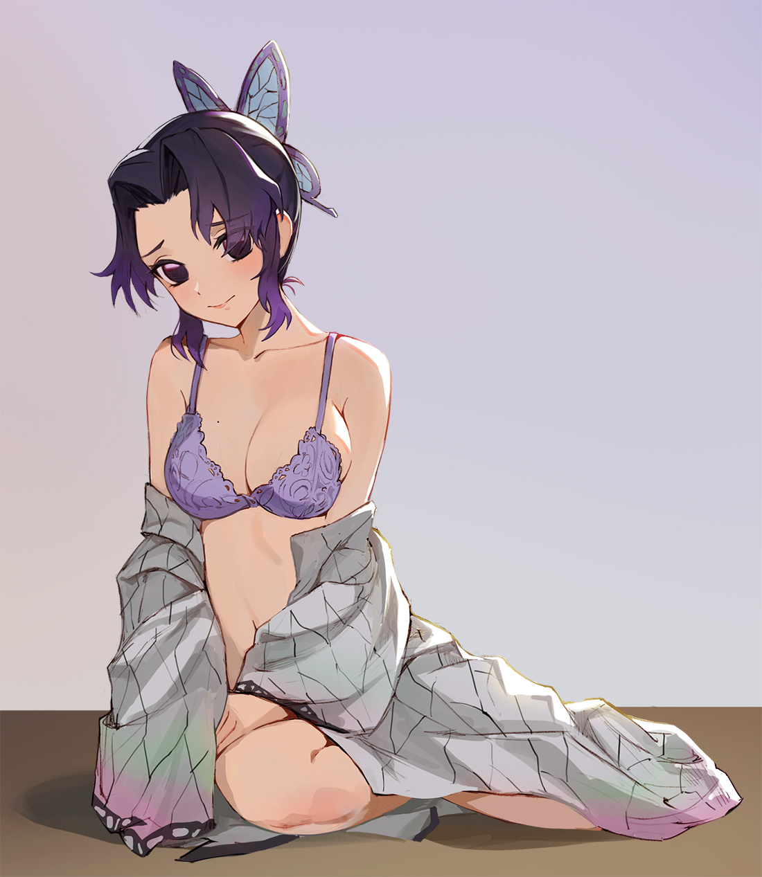 1girls, black hair, bra, breasts, butterfly hair ornament, cleavage, demon slayer, female, female only, haori, jason kim, kimetsu no yaiba, kochou shinobu, looking at viewer, medium breasts, off shoulder, purple bra, purple eyes, purple hair, purple-haired female, sitting, smile, solo, two-tone hair