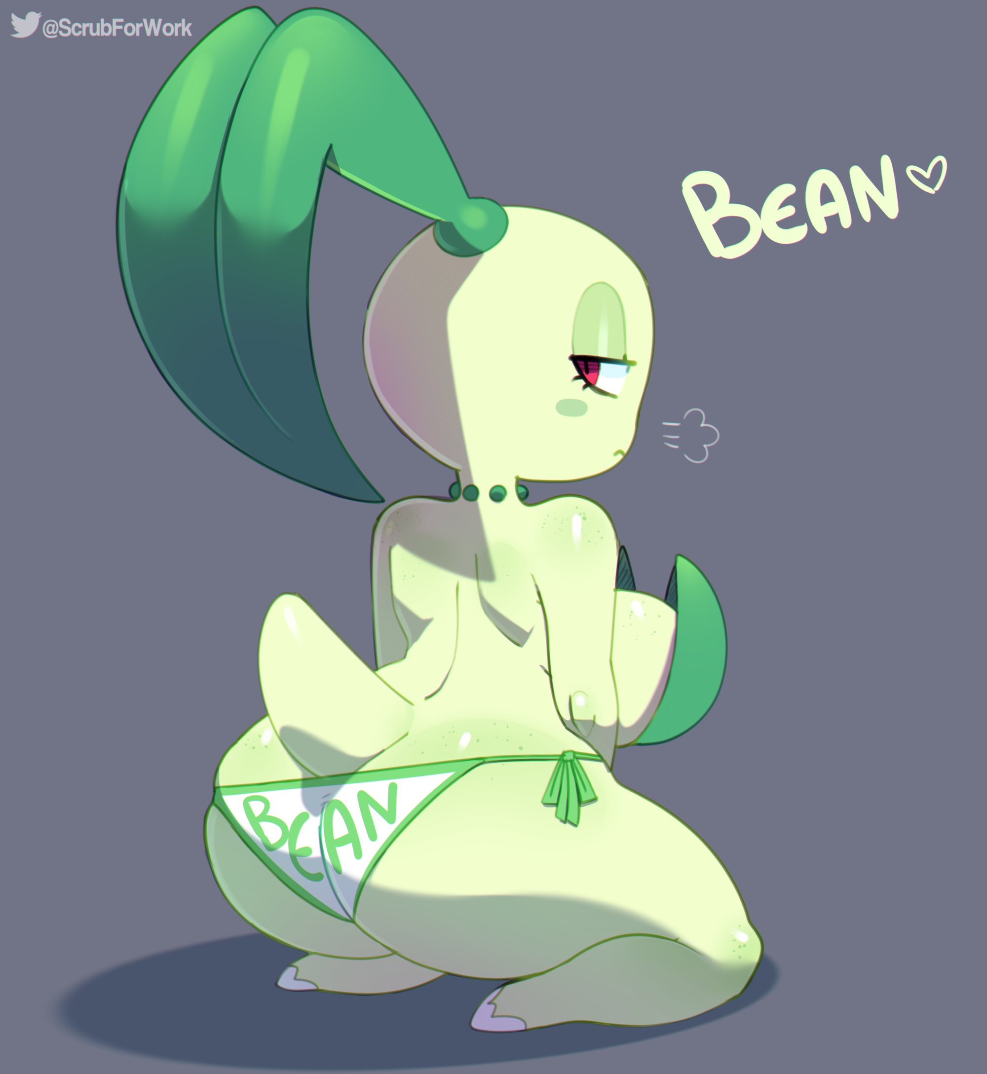 1girls, anthro, ass, ass cleavage, ass crack, bean, big ass, big breasts, breasts, butt crack, chikorita, female, female only, huge ass, looking at viewer, looking back, panties, pokémon (species), pokemon, pokemon (species), red eyes, shortstack, sideboob, solo, somescrub, text, text on clothing, text on underwear, thick thighs, wide hips