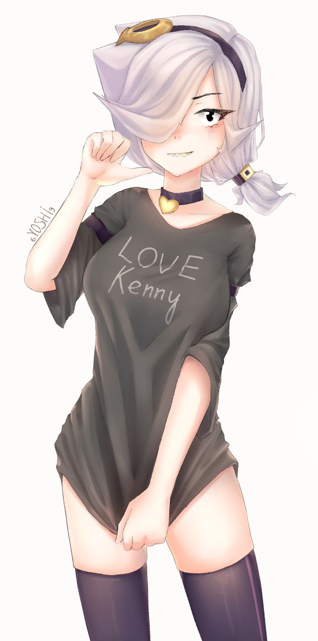 1girls, 6yoshi9, alternate costume, brawl stars, colette (brawl stars), collar, cute, female, leggings, love kenny, pulling shirt, pulling shirt down, shirt pulled down, tied hair, white hair, wholesome