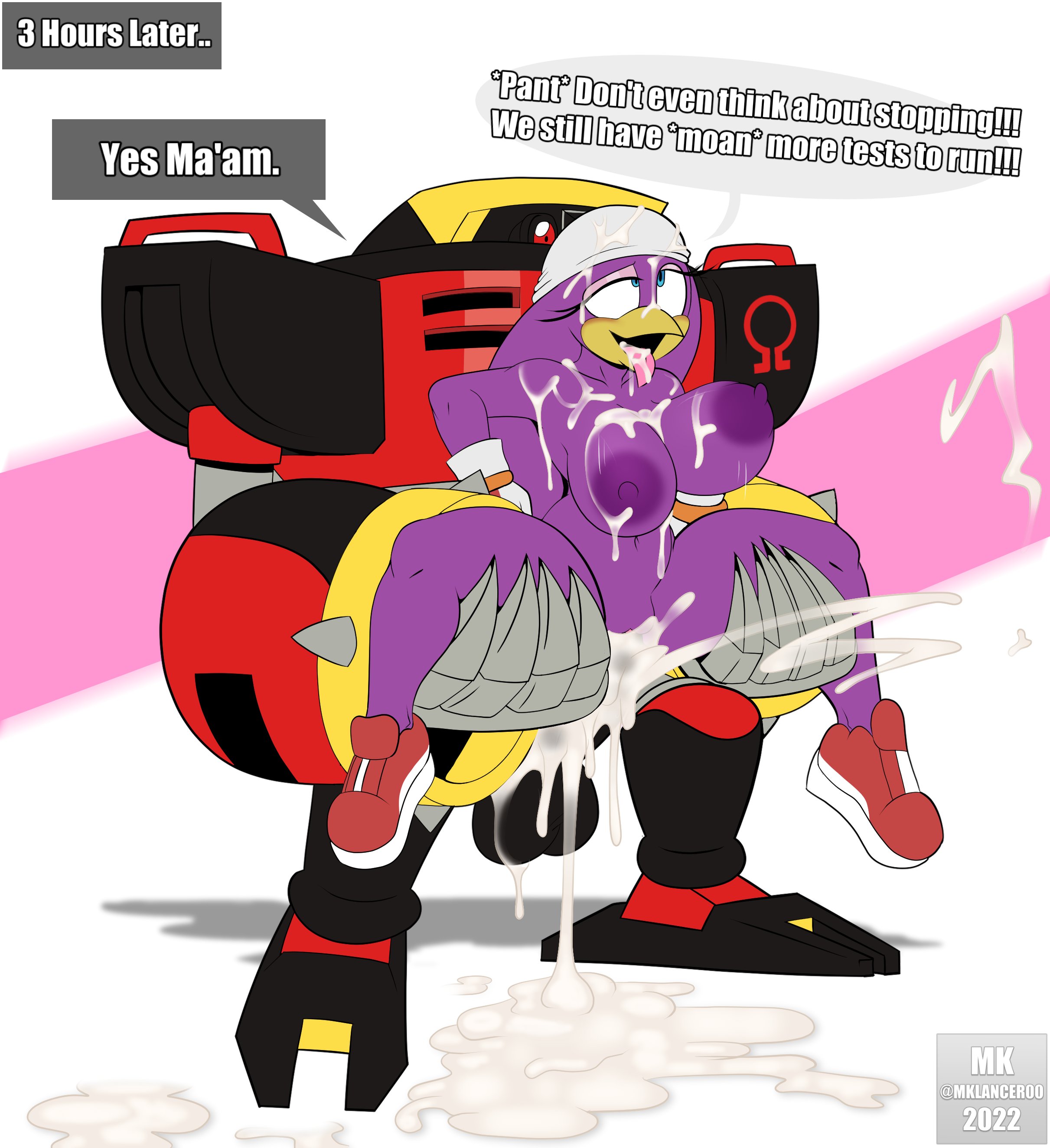 1boy, 1girls, ass, balls, begging, big ass, big balls, big breasts, big butt, big penis, black penis, blue eyes, breasts, cum, cum in pussy, cum inside, cum on breasts, cum on mouth, cum puddle, cumming, cumming while penetrating, dialogue, e-123 omega, female, grabbing legs, holding arms, horny, huge ass, huge cock, in love, male, male/female, mklancer00, penis, pleasure face, pussy, red eyes, riding penis, robot, robot on mobian, robot penis, sega, semen in mouth, semen on body, sex, sonic (series), sonic heroes, sonic riders, sonic the hedgehog (series), speech bubble, swallow, swallowing cum, text, vaginal penetration, vaginal sex, wanting more, wave the swallow