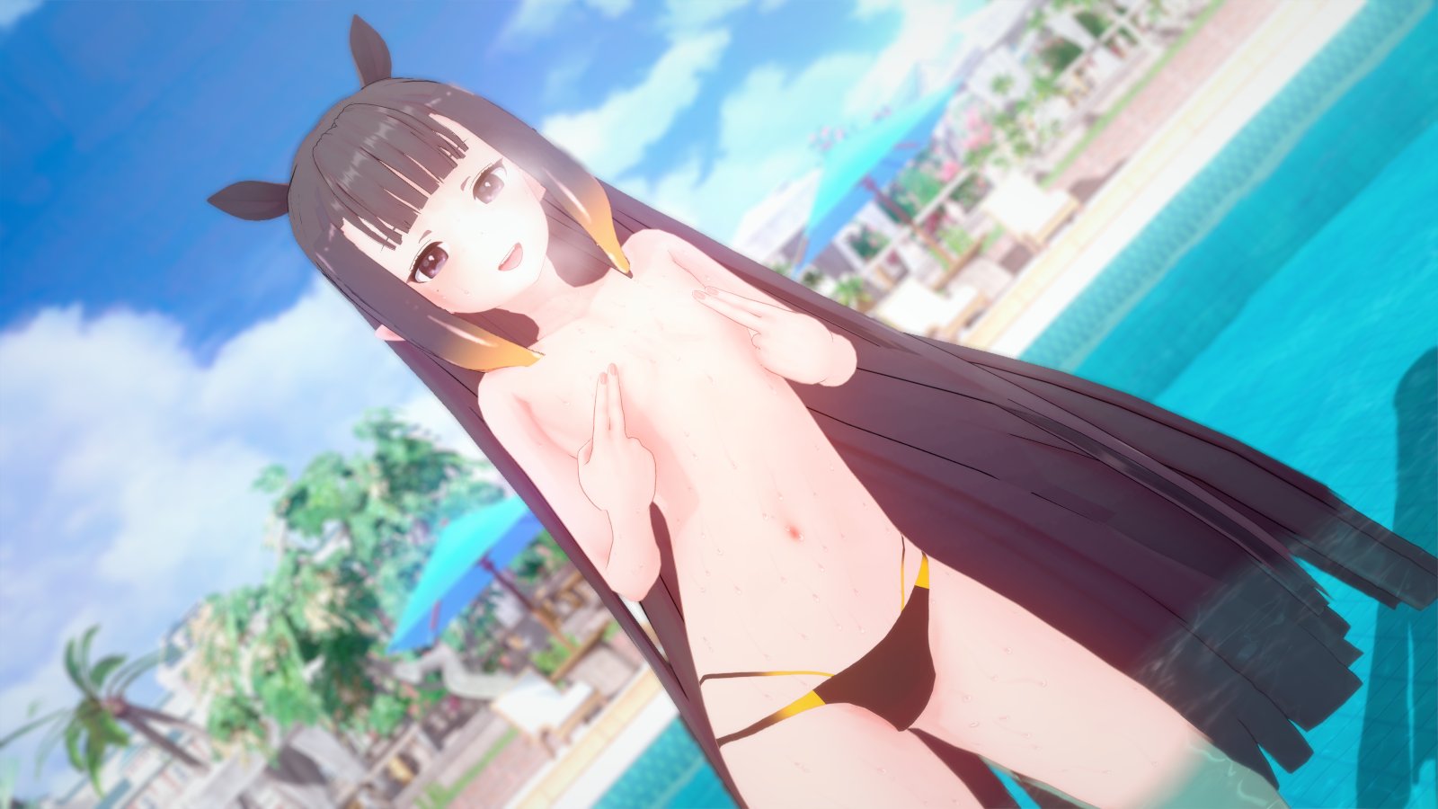 3d, bad censor, beach, bikini, covering, female, flat chest, hololive, hololive english, hololive myth, ninomae ina'nis, tagme, topless, virtual youtuber, wataamage