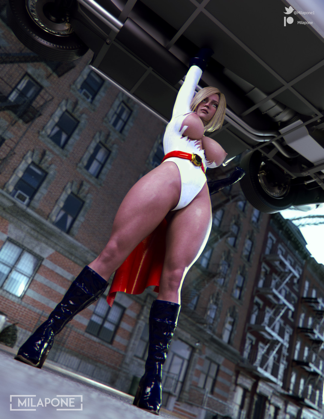1girls, 3d, boobs burst out clothes, breasts, dc, dc comics, female, female only, hi res, injustice 2, kara zor-l, karen starr, large breasts, milapone, power girl, power girl (injustice), signature, solo, superheroine, superman (series), text, thick thighs, thighs, wide hips