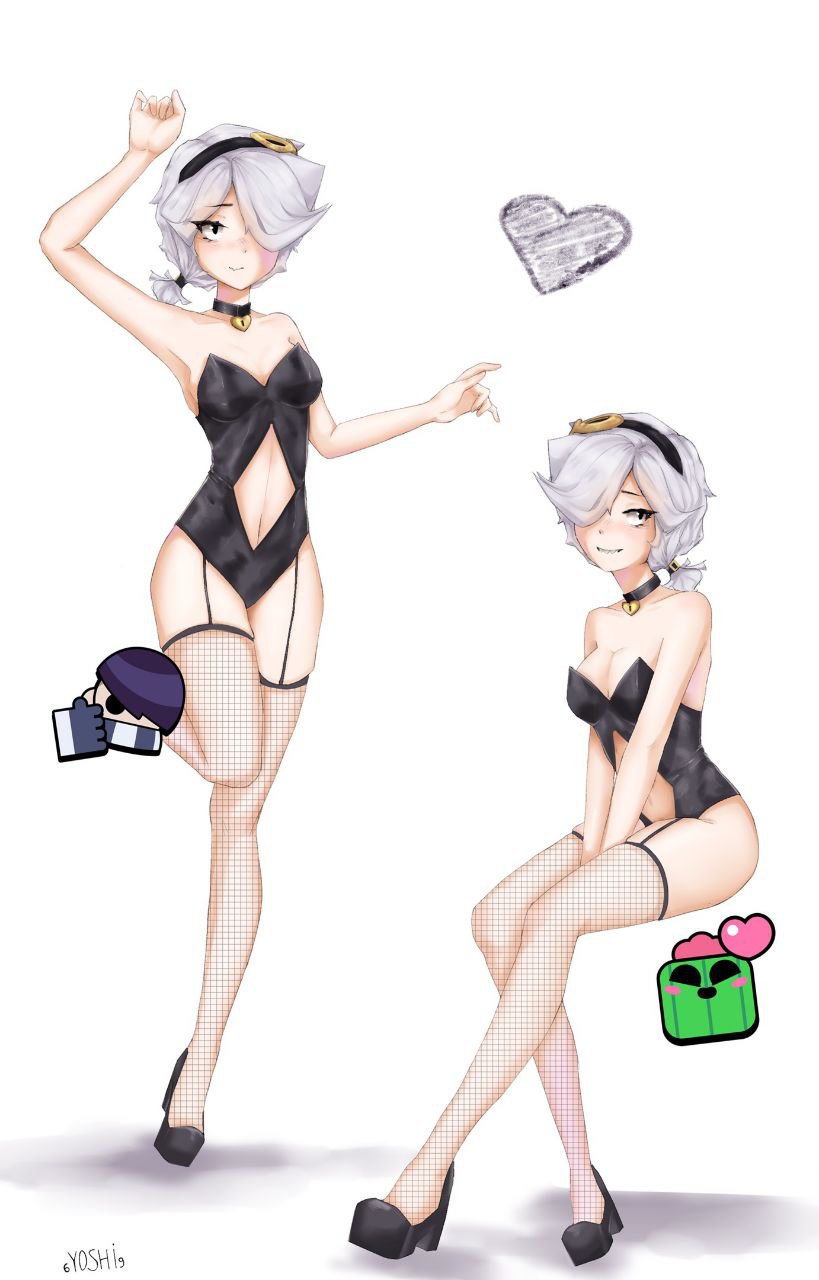 6yoshi9, alternate costume, brawl stars, bunny girl, colette (brawl stars), collar, edgar (brawl stars), female, fishnets, high heels, platform heels, spike (brawl stars), tied hair, white hair