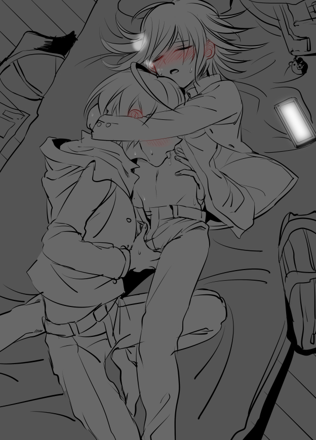 2boys, blush, danganronpa, danganronpa v3, embrace, gay, kuangtai, licking, male, male only, male/male, monochrome, on bed, ouma kokichi, rubbing, saihara shuuichi, straight hair, sweat, yaoi