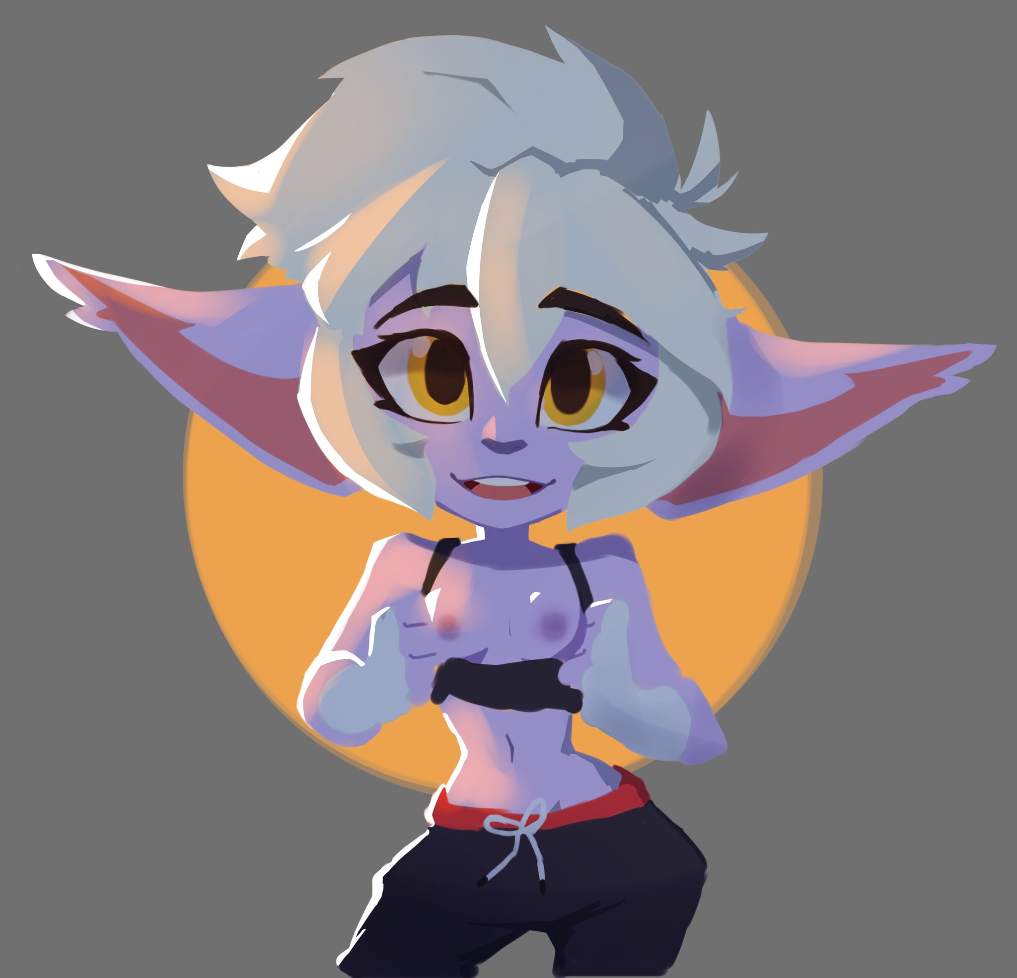 1girls, areolae, athletic, athletic female, breasts, bunn (artist), clothing, exhibitionism, female, league of legends, no bra, riot games, shortstack, solo female, tristana, video games, white hair, yordle