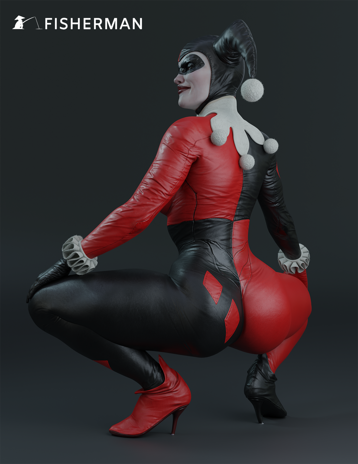 1girls, 3d, batman (series), blender, blue eyes, clothed female, dc, dc comics, female, female only, fisherman 2020, gray background, harley quinn, harley quinn (classic), harley quinn (injustice), injustice 2, jester, jester cap, jester costume, light skin, light-skinned female, mask, masked, masked female, simple background, solo, solo female, watermark