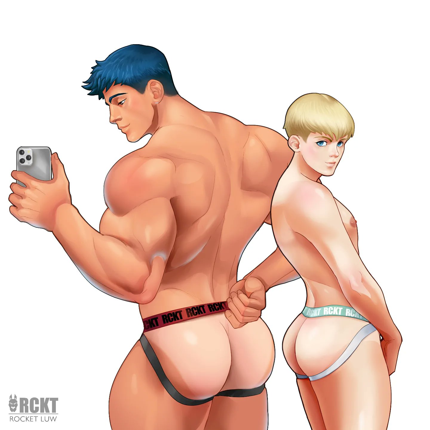 2boys, ass, back muscles, bara, gay, jock, jockstrap, luw budd/rocket luw, male, male only, muscles, muscular, muscular male, selfie, tanlines, twink, twitter user oc, unnamed character, yaoi