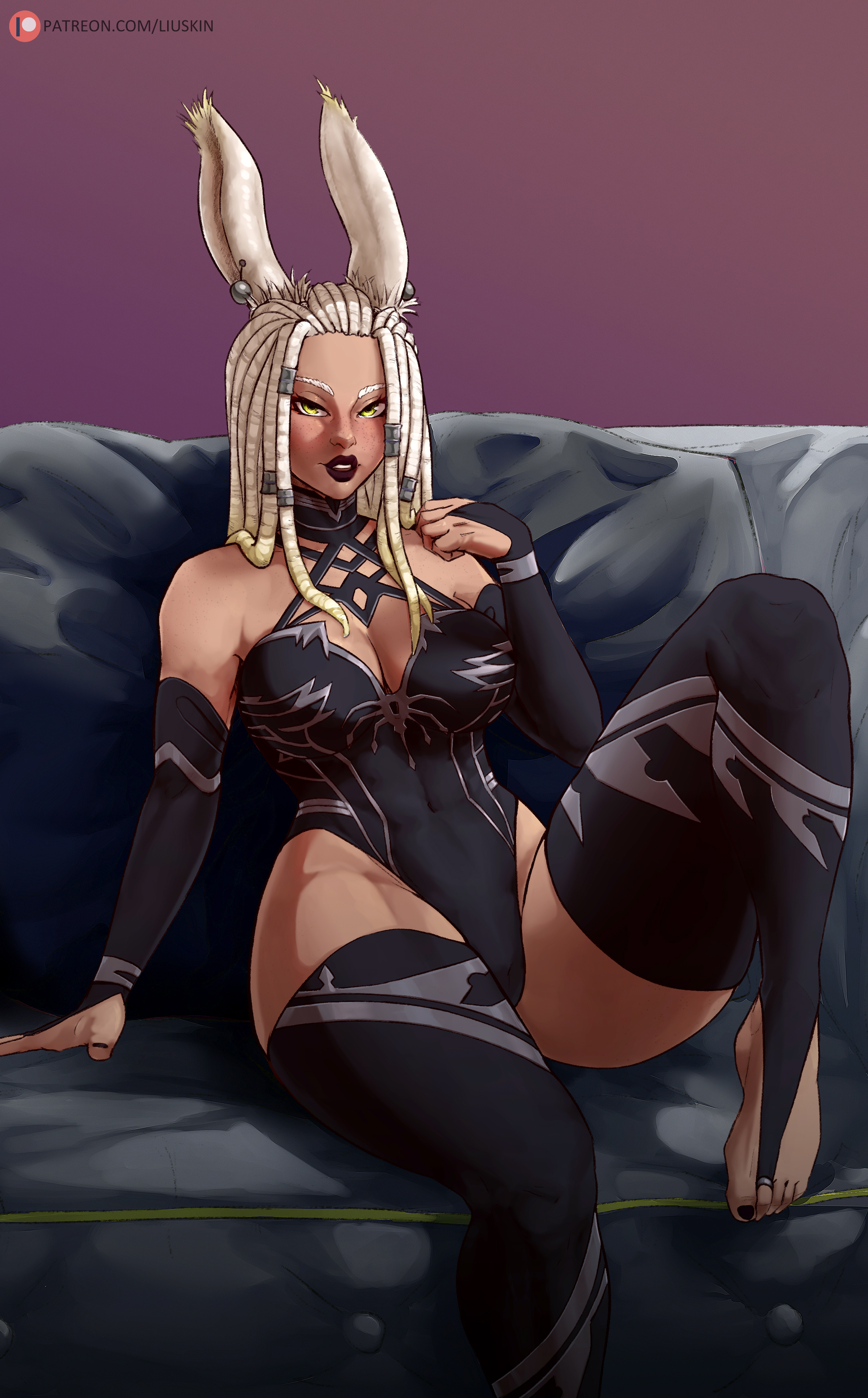 1girls, arm sleeves, barefoot, bent leg, bunny ears, dark skin, dark-skinned female, dreadlocks, ear piercing, female, female only, final fantasy, final fantasy xiv, legwear, leotard, lipstick, liuskin, looking at viewer, sitting, solo, solo female, sypha flowen, thick thighs, toeless legwear, toned, toned female, very high resolution, viera, white hair, yellow eyes