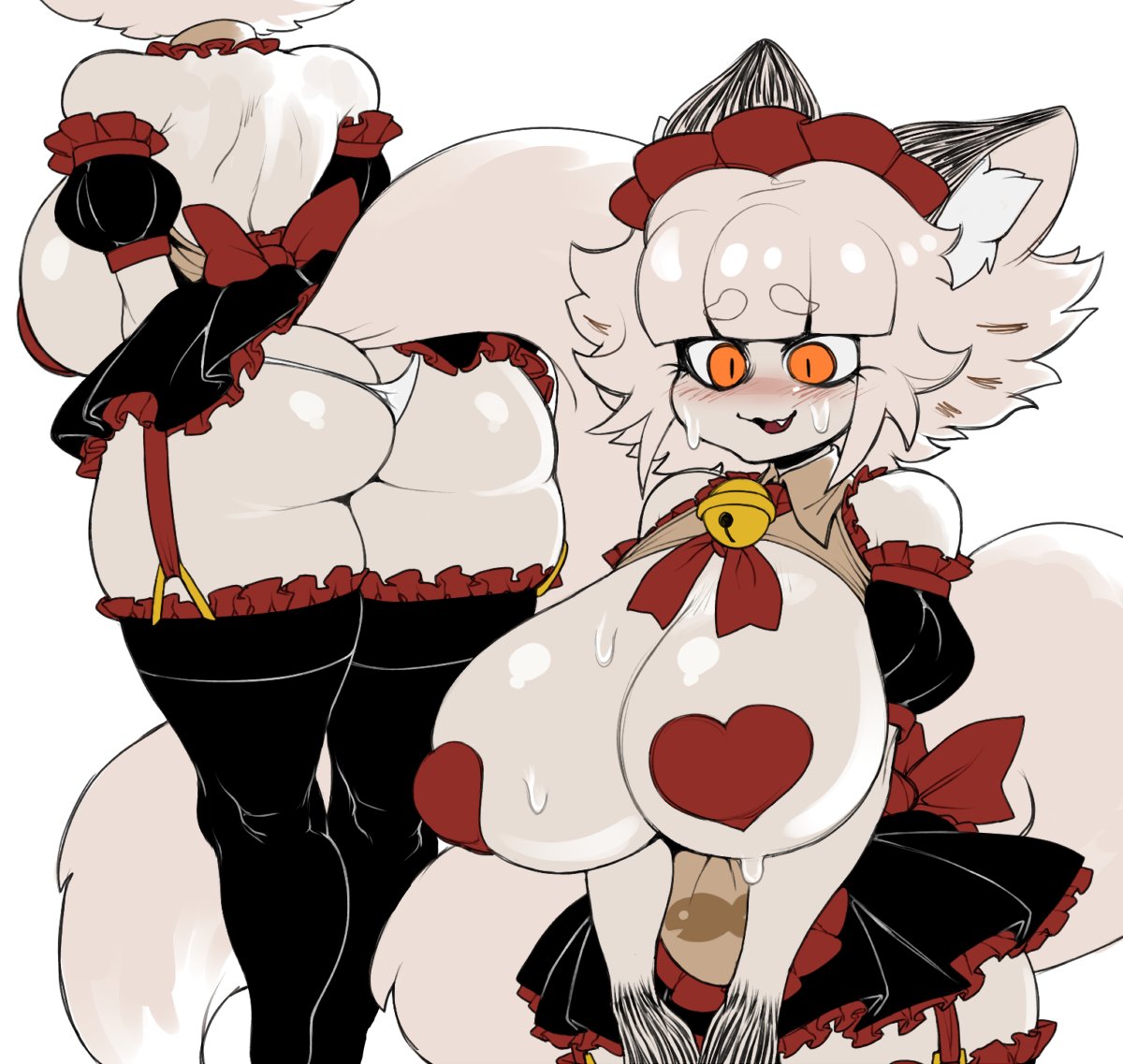 anthro, ass, bell, big ass, big breasts, blunt bangs, blush, breasts, bubble ass, bubble butt, catmaid (dizzyspells), cute fang, dizzyspells, female, garter straps, maid headdress, orange eyes, panties, pasties, sweat, tagme, thick thighs, thighhighs, thighs, underwear