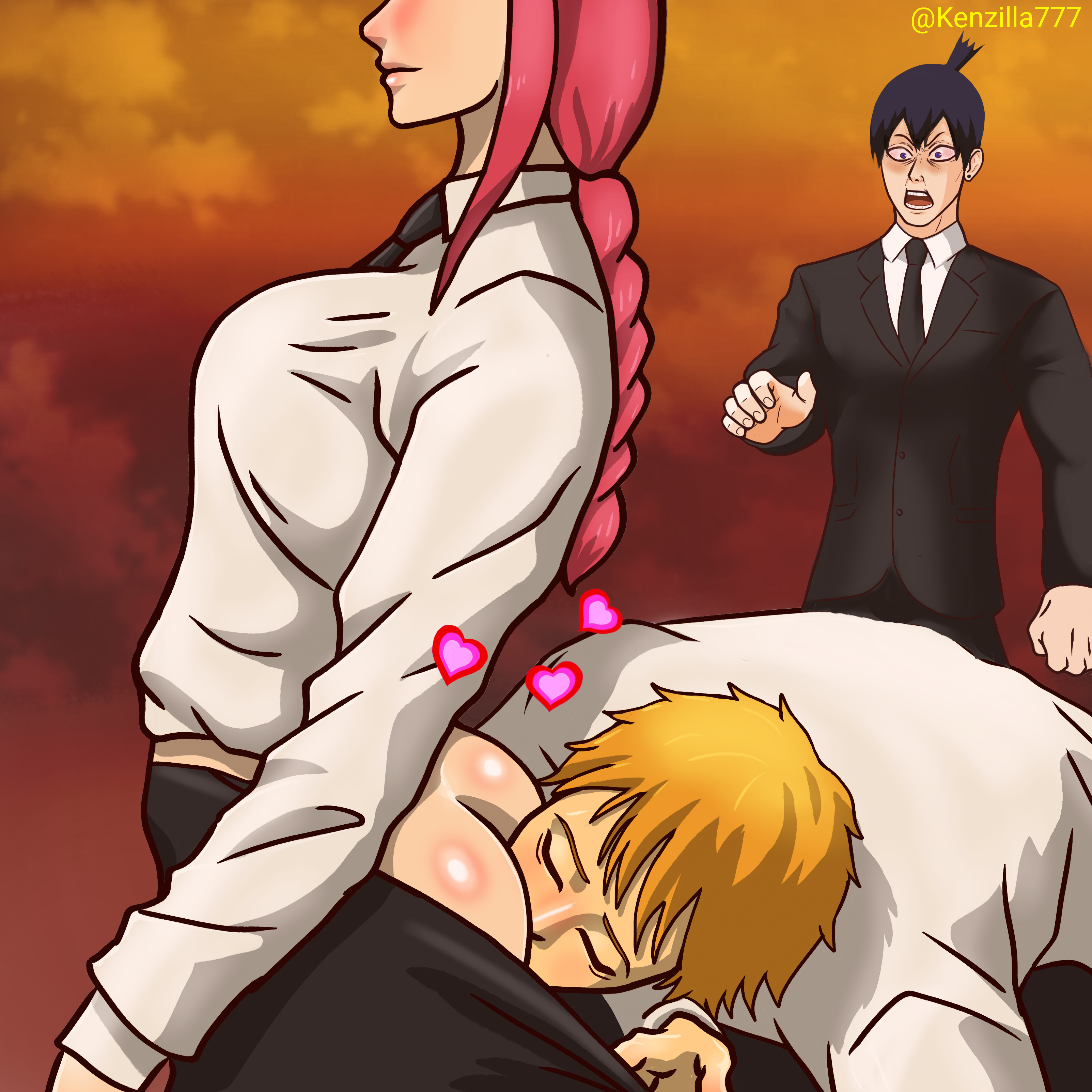 1girls, 2boys, ass, black hair, blonde hair, braid, braided hair, chainsaw man, denji (chainsaw man), eating ass, female, hayakawa aki, head out of frame, heart, kenmaruart7, kenzilla777, makima (chainsaw man), male, meme, necktie, pants pull, ponytail, red hair, rimjob, rimming, rimming female, shounen jump