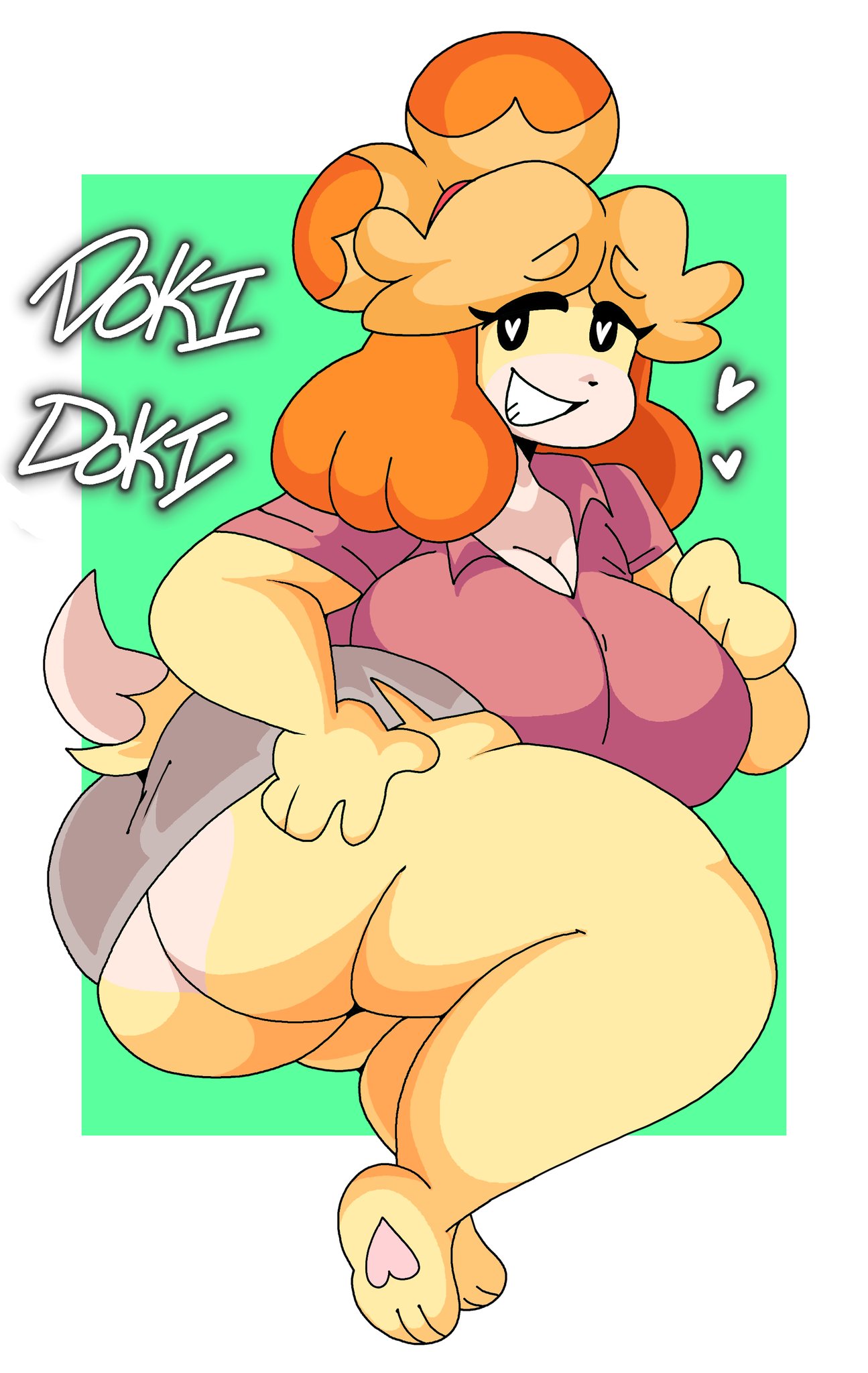 animal crossing, anthro, ass, big ass, big breasts, bottomless, bottomless skirt, breasts, bubble ass, bubble butt, canid, canine, canis, chubby, cleavage, clothed, clothing, dork boi, female, fur, furry, furry only, heart, huge ass, huge breasts, huge butt, isabelle (animal crossing), lewd dorky, nintendo, no bra, solo, tagme, tail, thick thighs, upskirt, wide hips