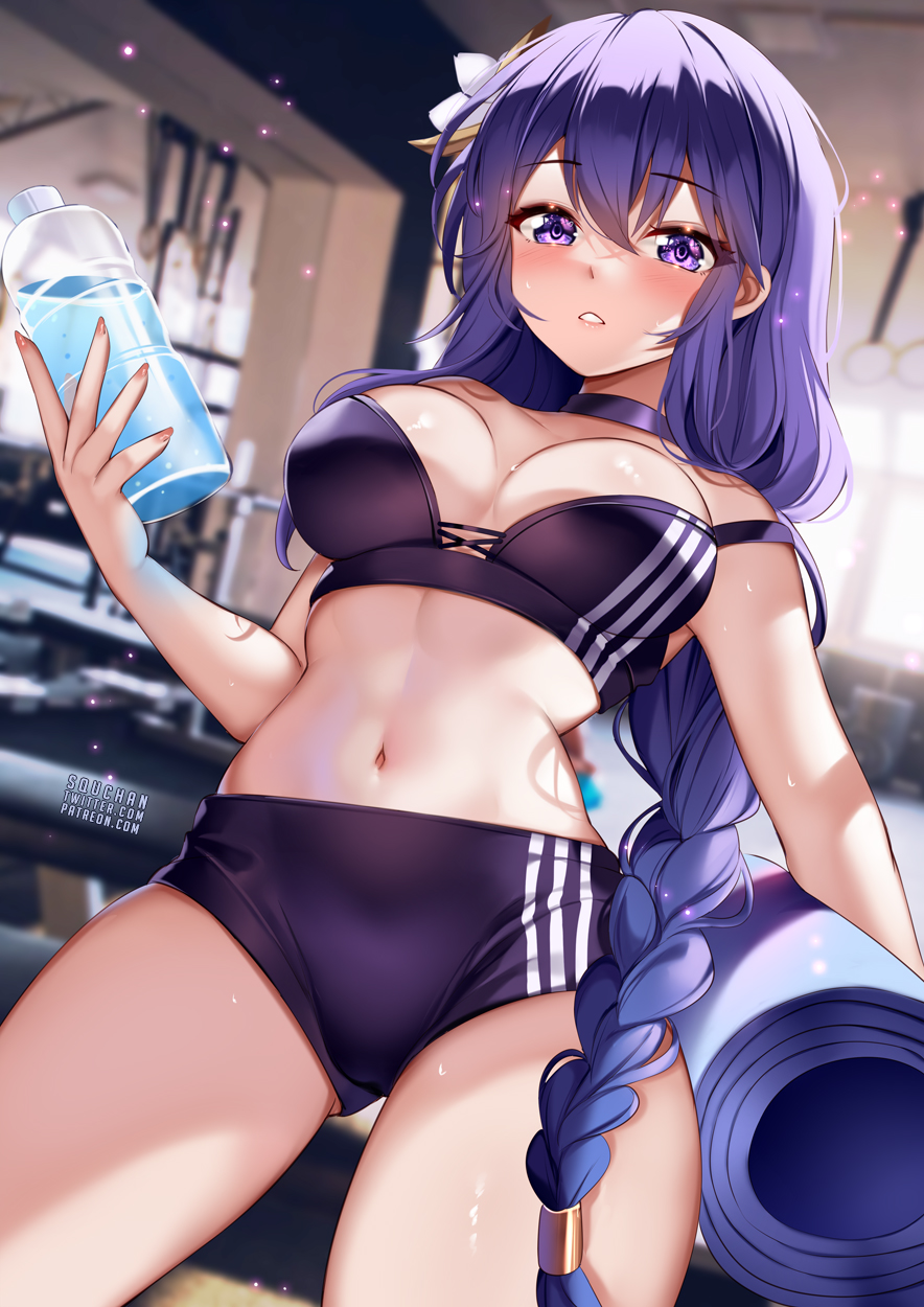 1girls, 2022, blush, booty shorts, braided hair, breasts, female, female only, fit, fit female, genshin impact, gym, hair ornament, holding object, huge breasts, indoors, long hair, looking at viewer, purple eyes, purple hair, raiden shogun, short shorts, shorts, sports bra, sportswear, squchan, very long hair, water bottle, workout clothes, yoga mat