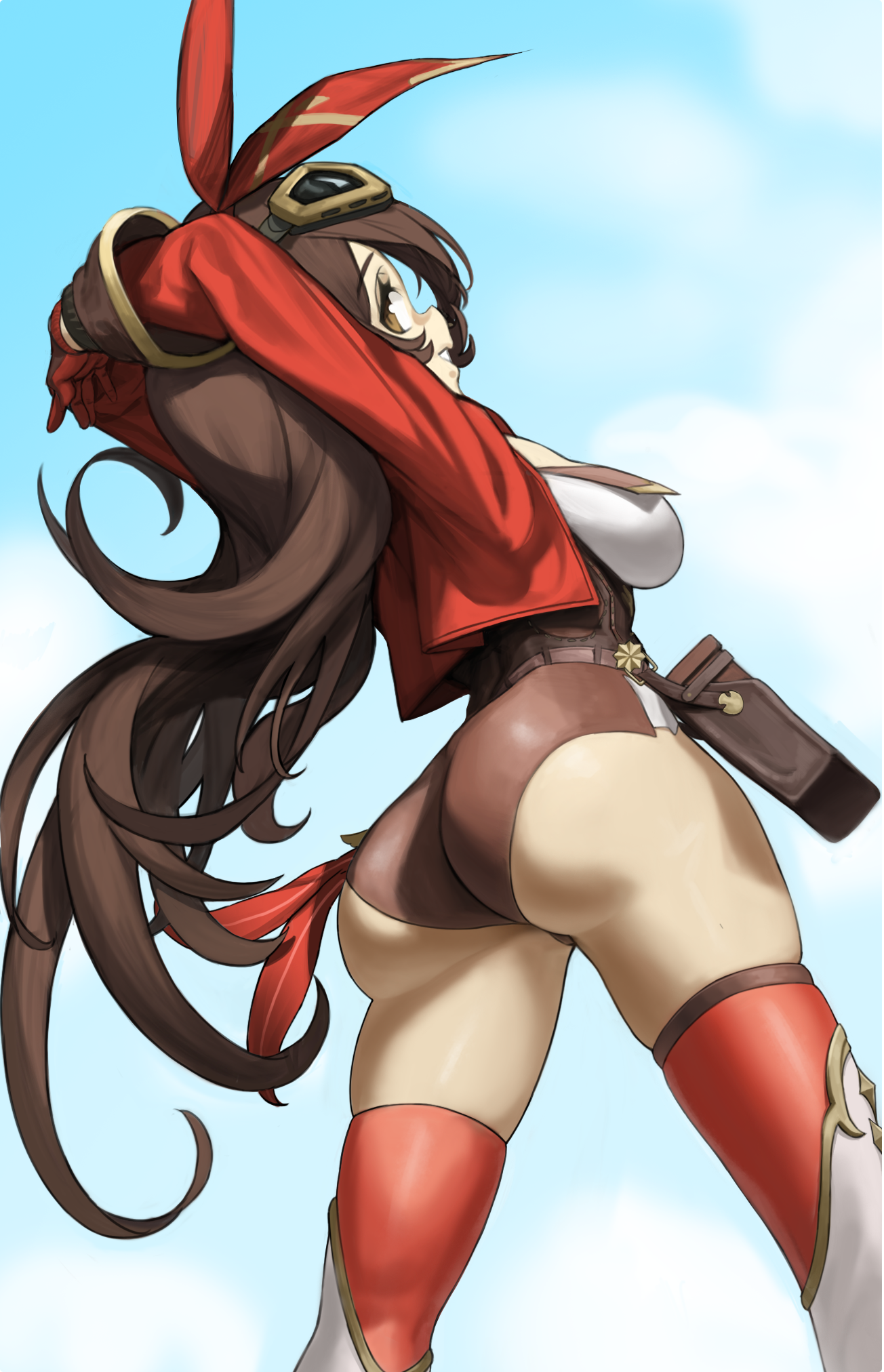 1girls, amber (genshin impact), ass, ass focus, big ass, big breasts, big mountain, booty shorts, bottomwear, breasts, brown eyes, brown hair, brown shorts, clothing, female, female only, genshin impact, goggles, goggles on head, hairband, hands behind head, headband, huge ass, large ass, legs, long hair, shorts, solo, solo female, thick ass, thick thighs, thighs, topwear
