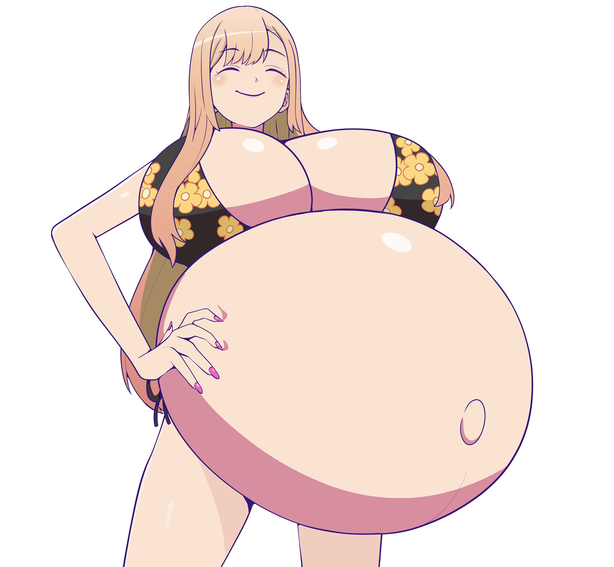 belly, belly button, big belly, bikini, bikini top, blonde hair, exposed pregnant belly, female, female focus, female only, gyaru, hyper pregnancy, kitagawa marin, long fingernails, pregnant, pregnant belly, pregnant female, smile, solo, solo female, solo focus, sono bisque doll wa koi wo suru, standing, zeruxu