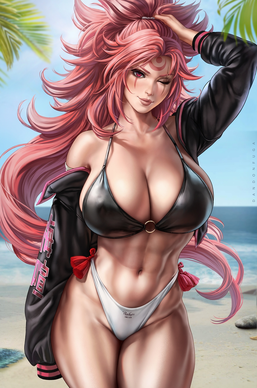 1girls, adjusting hair, baiken, beach, bikini, breasts, cleavage, dandon fuga, female, female only, fully clothed, guilty gear, jacket, large breasts, long hair, looking at viewer, pink eyes, pink hair, scar, scar across eye, sea, solo, summer, swimsuit
