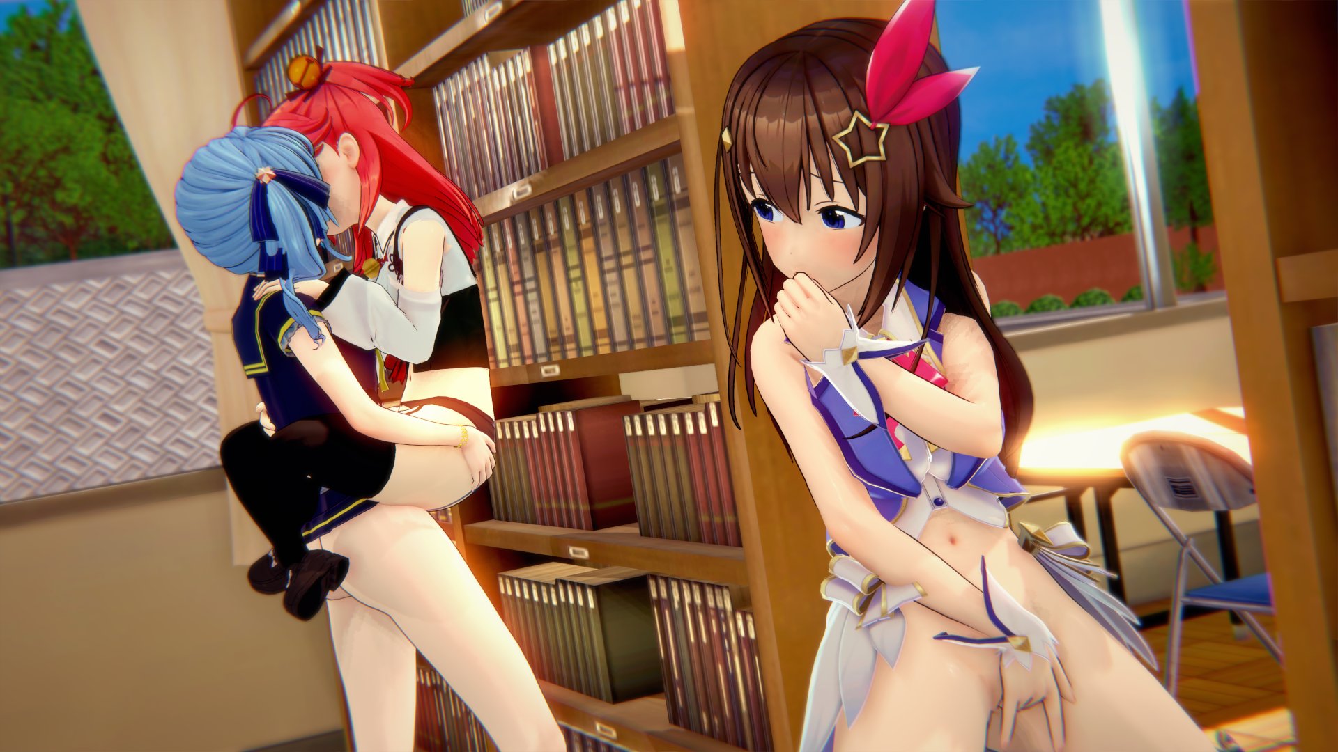 2girls, 3d, being watched, cuckquean, female, fingering, fingering self, hololive, hololive gen 0, hololive japan, hoshimachi suisei, human, koi s3, library, light skin, light-skinned female, masturbating cuck, masturbating while watching, masturbation, multiple females, multiple girls, sakura miko, standing masturbation, stealth masturbation, stealth sex, tokino sora, virtual youtuber, voyeur, voyeurism, watching