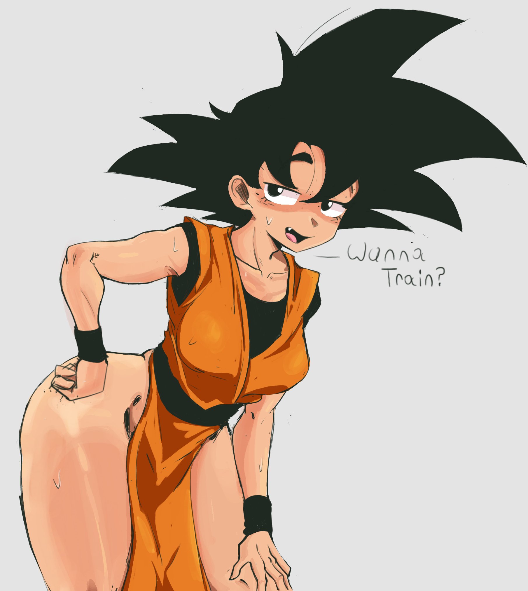 ?, 1girls, bend over, bending forward, bending over, black eyes, black eyes female, black wristband, black wristbands, bottomless, breasts, clothed, clothing, cute fang, dougi, dragon ball, dragon ball z, english text, female, female focus, female goku, female only, female saiyan, genderswap, goki, grey background, hand on hip, hand on thigh, hips, loincloth, medium breasts, oerba yun fang, orange dougi, rule 63, saiyan, saiyan female, saiyan girl, solo, solo female, son goku, spiked hair, spiky hair, sweat, sweatdrop, sweating, tagme, text, thick hips, thick thighs, thighs, tomboy, waffle stache, wide hips