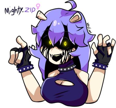 artist_request big_breasts cleavage fingerless_gloves friday_night_funkin friday_night_funkin_(d-side) mighty.zip purple_hair rule_63 sleeveless_shirt sonic.exe_(d-side) yellow_eyes