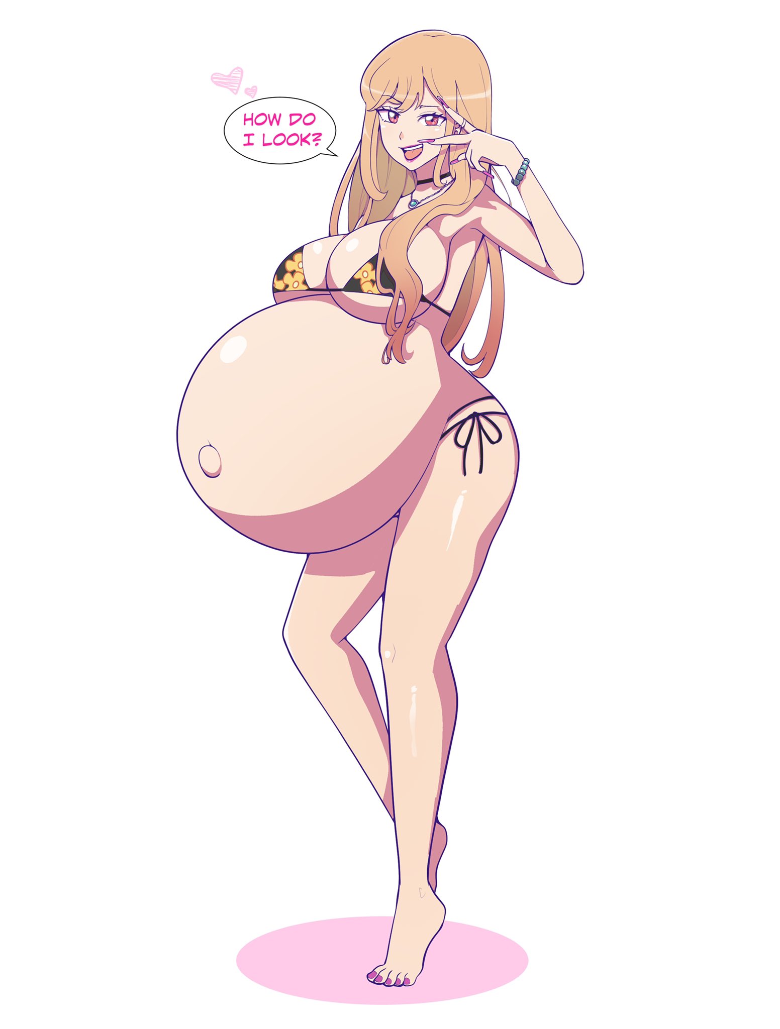 bikini, blonde hair, choker, english text, female, female focus, female only, gyaru, hyper pregnancy, kitagawa marin, long hair, nail polish, necklace, posing, pregnant, ready to pop, sono bisque doll wa koi wo suru, speech bubble, swimsuit, text, toenail polish, v, zeruxu