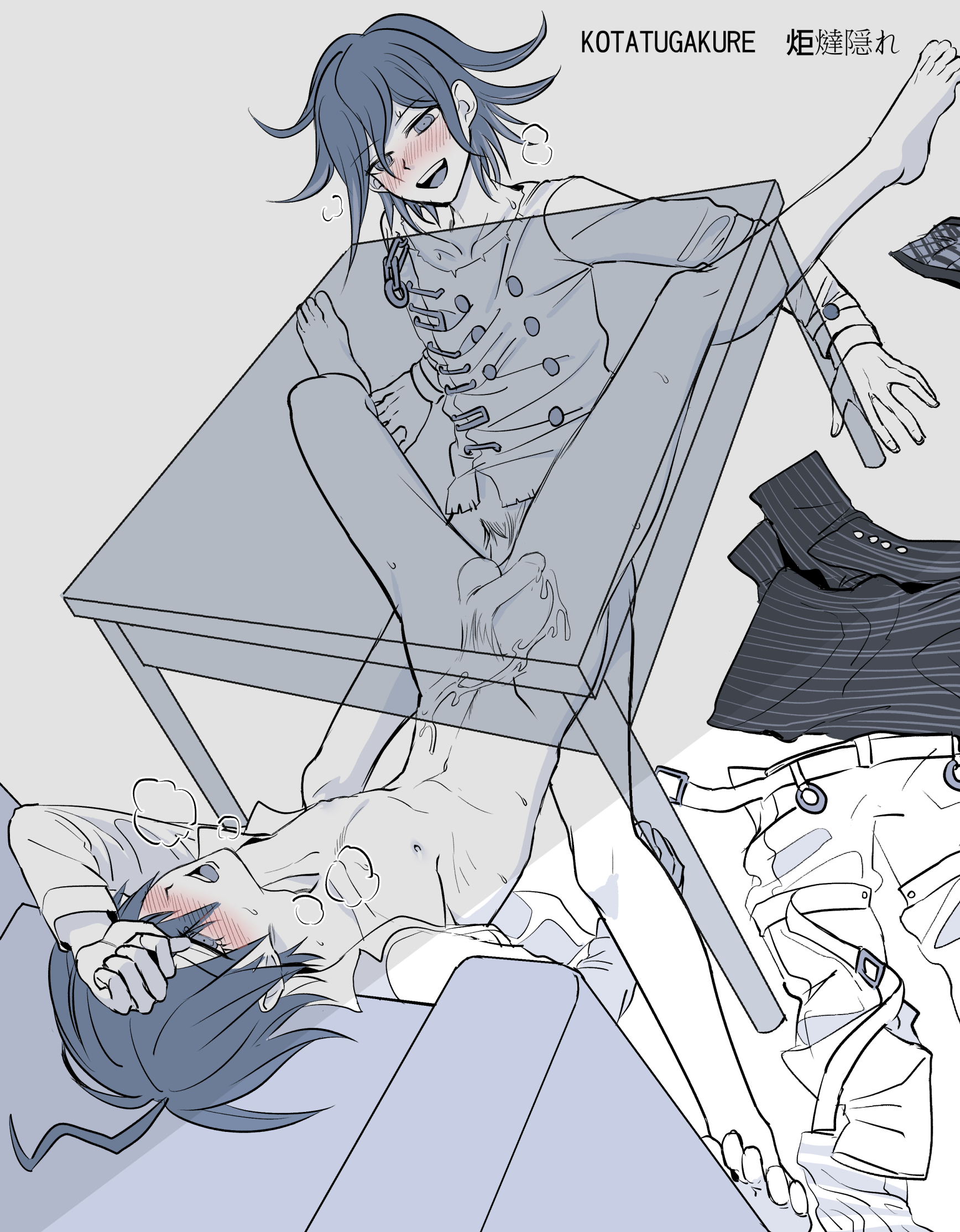 2boys, after anal, after sex, anal, balls, blush, bottomless, cum, cum on body, danganronpa, danganronpa v3, gay, heavy breathing, kuangtai, male, male only, male/male, open smile, ouma kokichi, penis, saihara shuuichi, smile, straight hair, under the table, visible breath, yaoi
